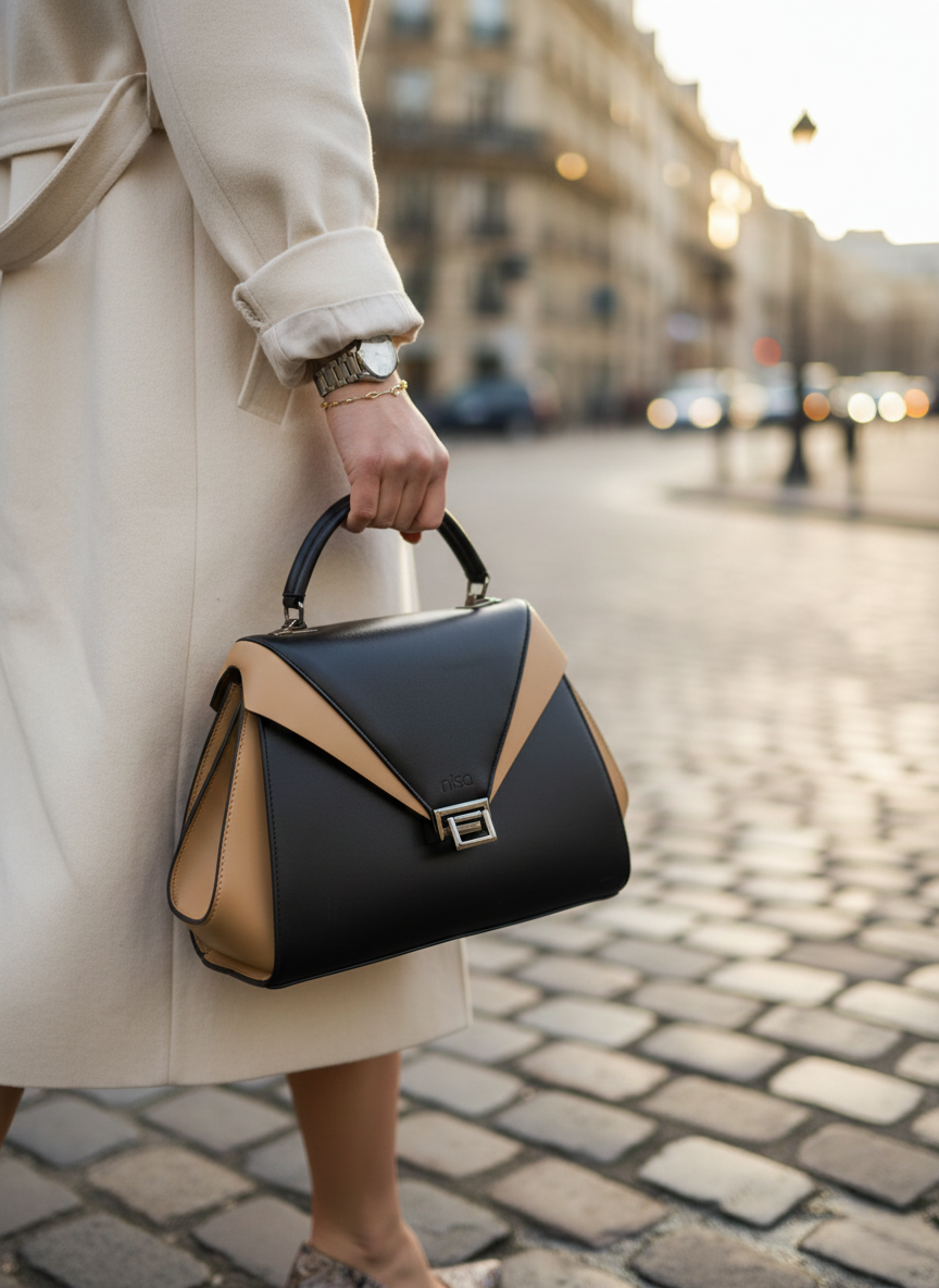 Nisa Modern Dual-Tone Satchel Bag – Black & Tan