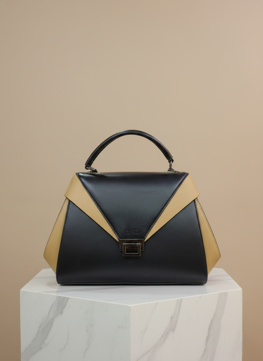 Nisa Modern Dual-Tone Satchel Bag – Black & Tan
