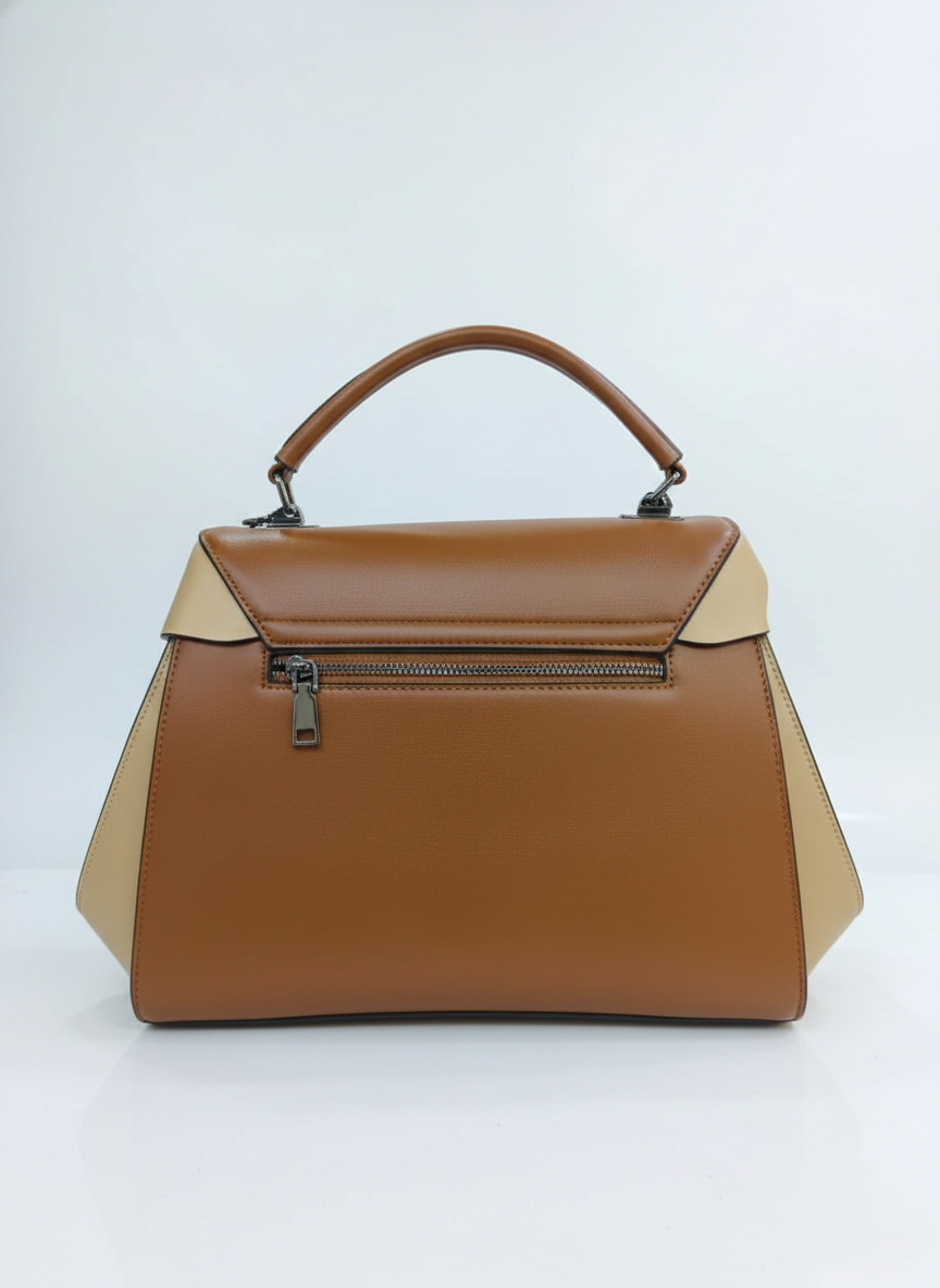 Nisa Dual-Tone Geometric Satchel Bag – Cognac & Cream