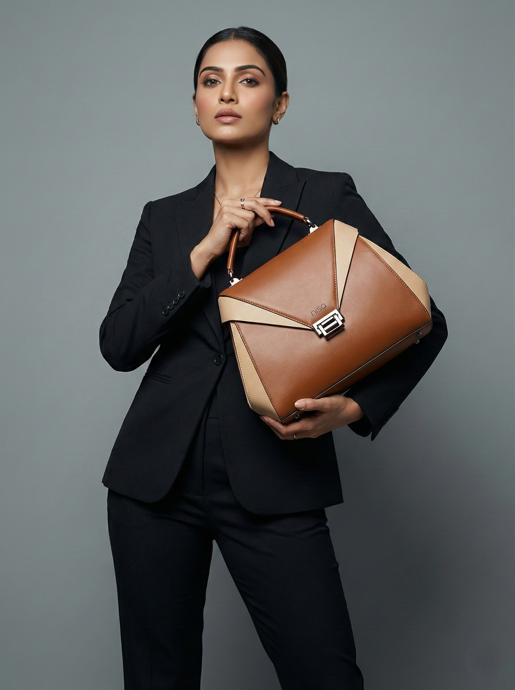 Nisa Dual-Tone Geometric Satchel Bag – Cognac & Cream