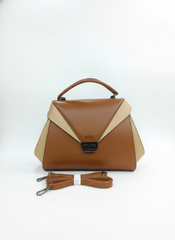 Nisa Dual-Tone Geometric Satchel Bag – Cognac & Cream