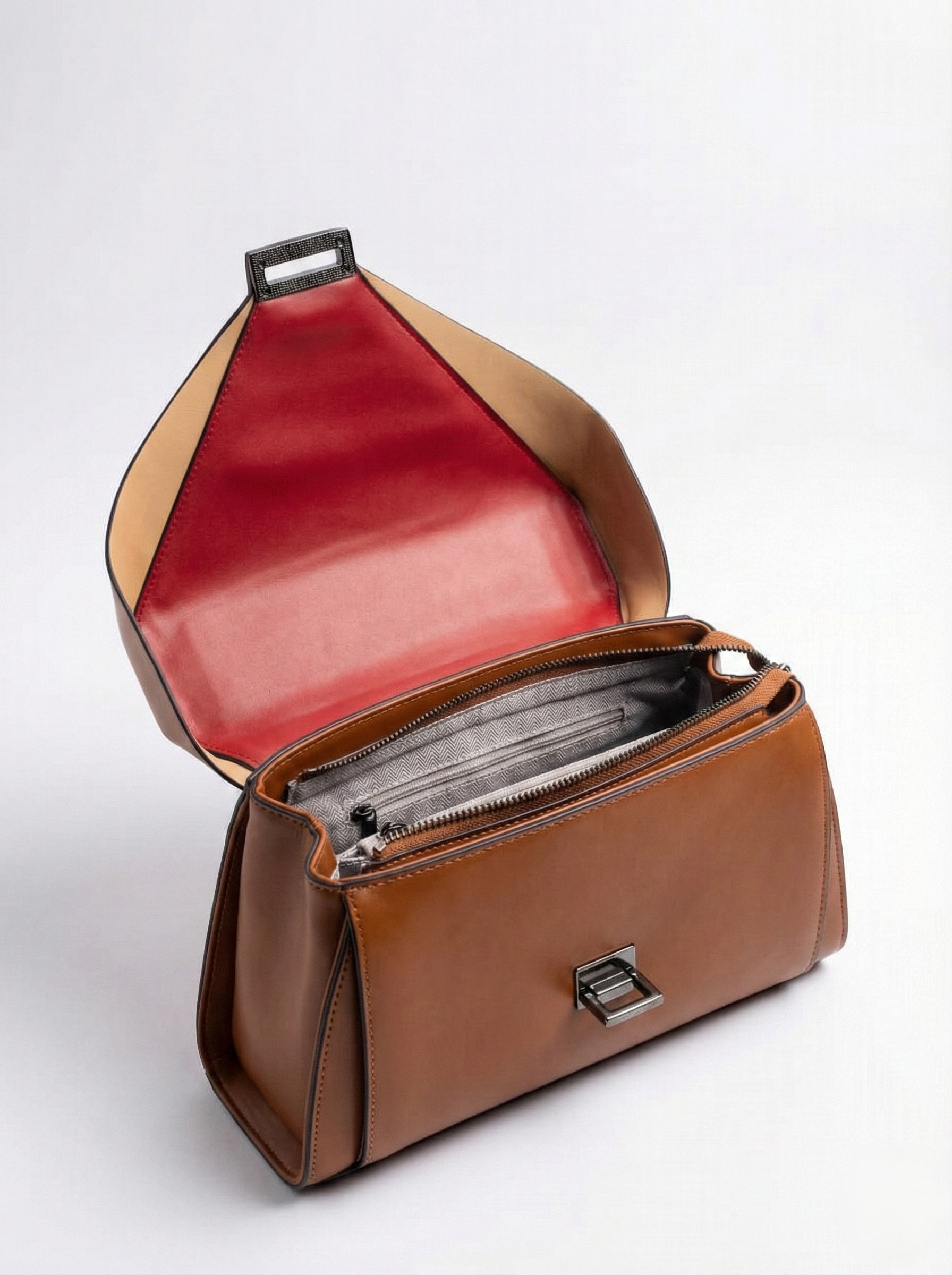 Nisa Dual-Tone Geometric Satchel Bag – Cognac & Cream