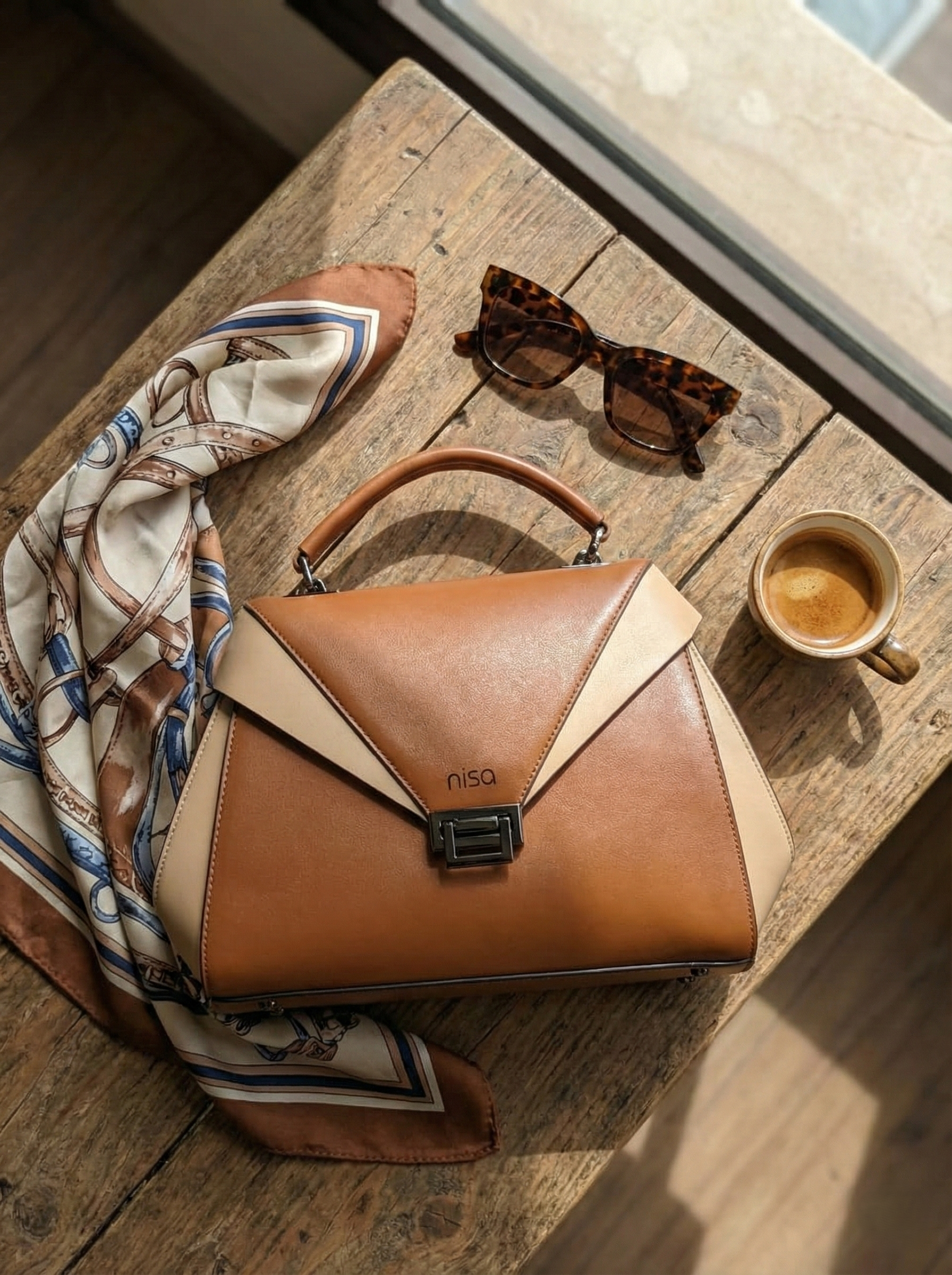 Nisa Dual-Tone Geometric Satchel Bag – Cognac & Cream