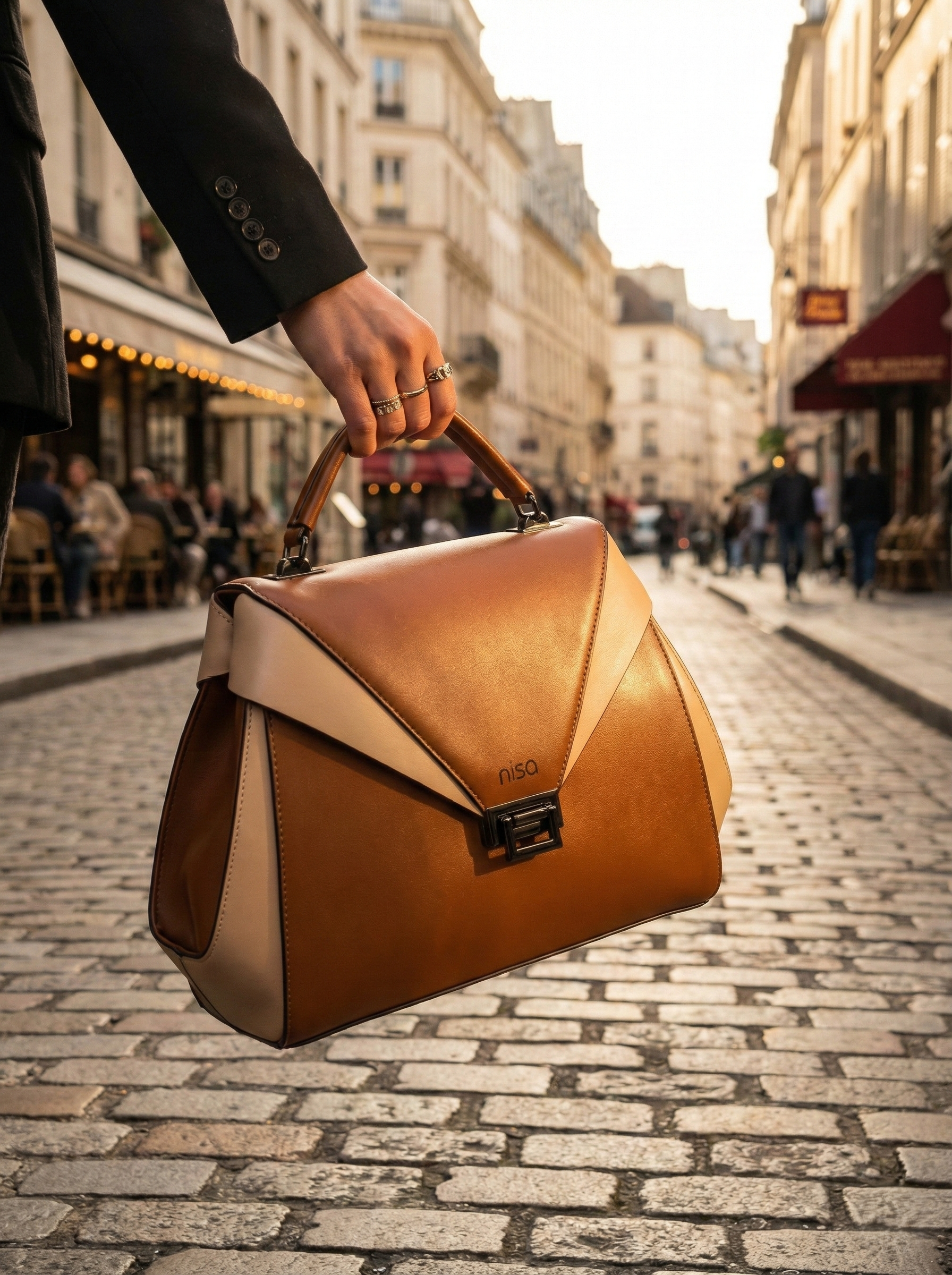 Nisa Dual-Tone Geometric Satchel Bag – Cognac & Cream