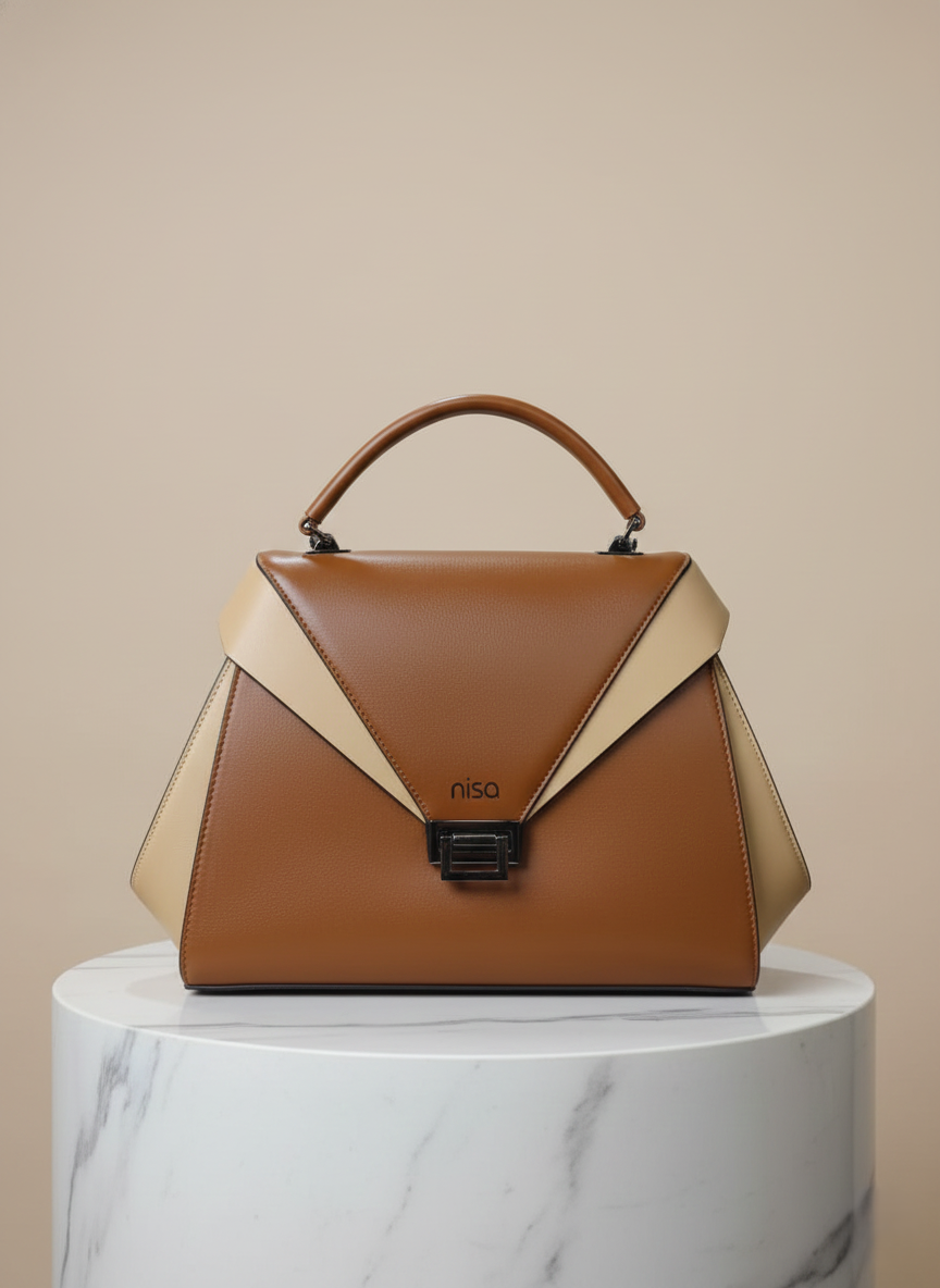 Nisa Dual-Tone Geometric Satchel Bag – Cognac & Cream
