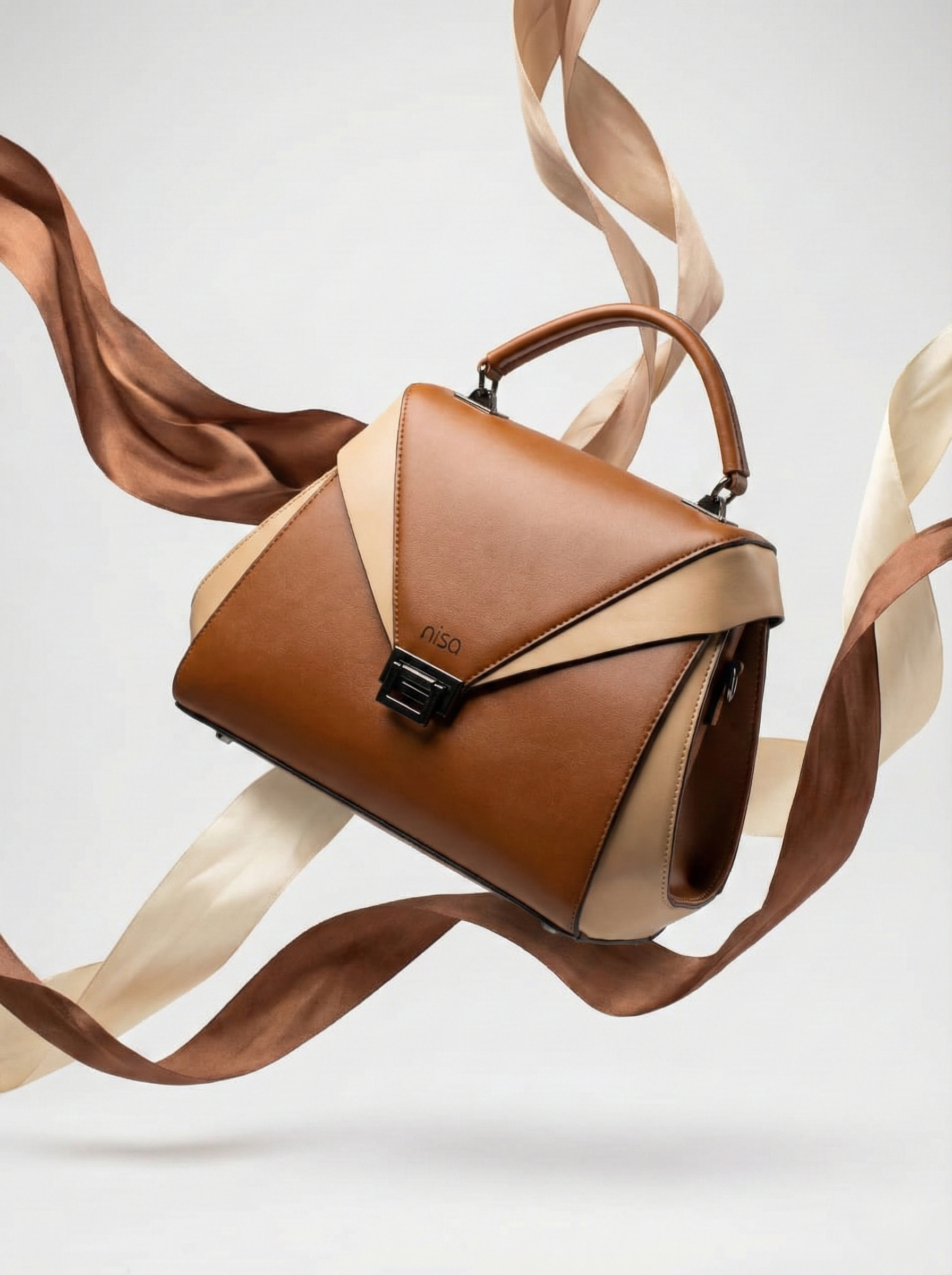 Nisa Dual-Tone Geometric Satchel Bag – Cognac & Cream