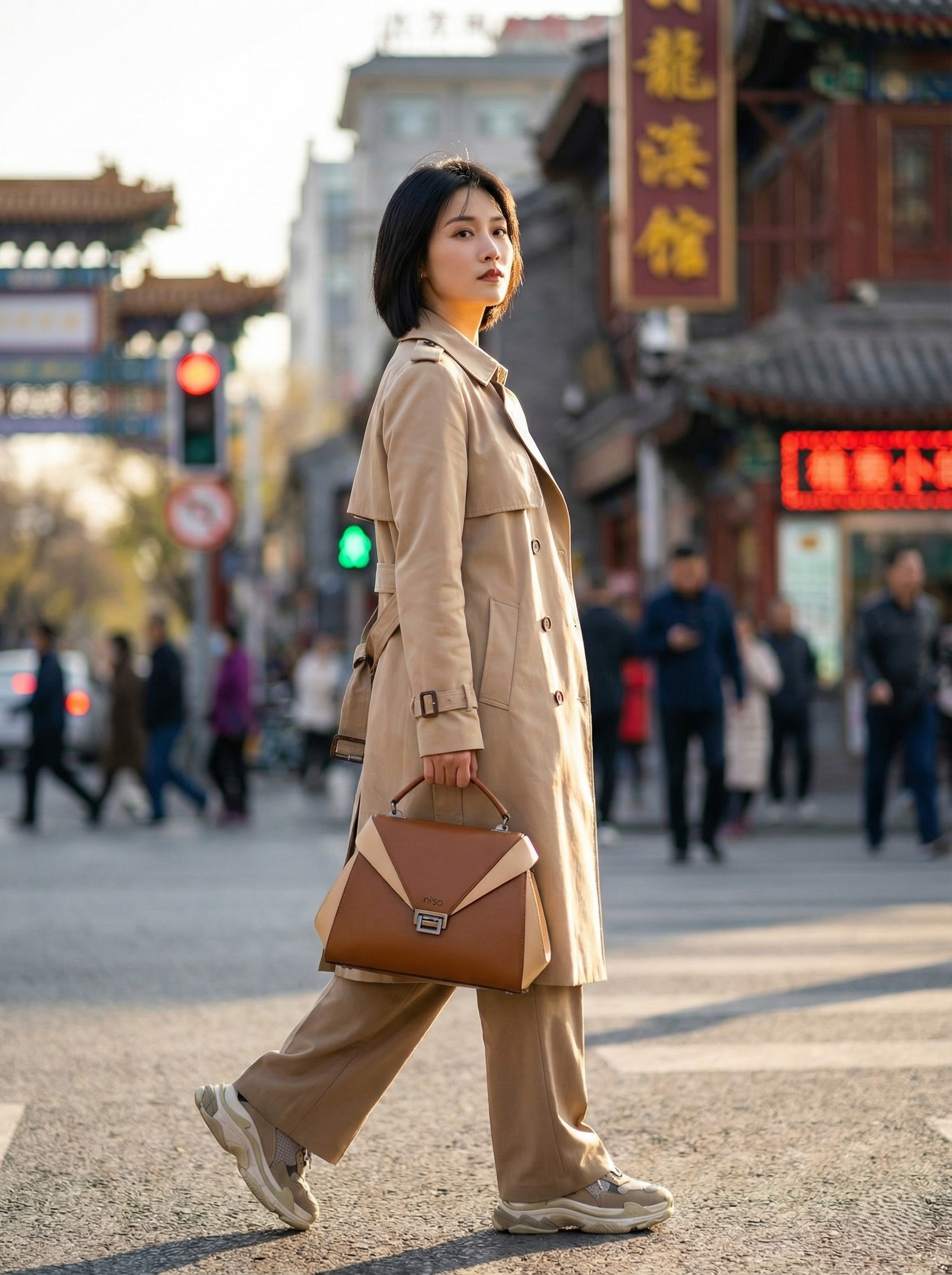 Nisa Dual-Tone Geometric Satchel Bag – Cognac & Cream