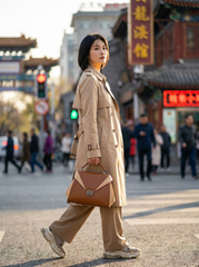 Nisa Dual-Tone Geometric Satchel Bag – Cognac & Cream