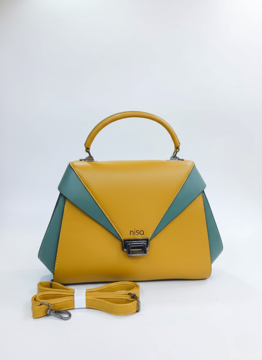 Nisa Geometric Color-Block Satchel Bag – Mustard & Teal