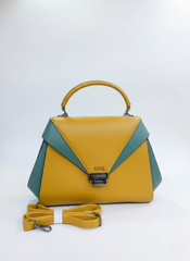 Nisa Geometric Color-Block Satchel Bag – Mustard & Teal