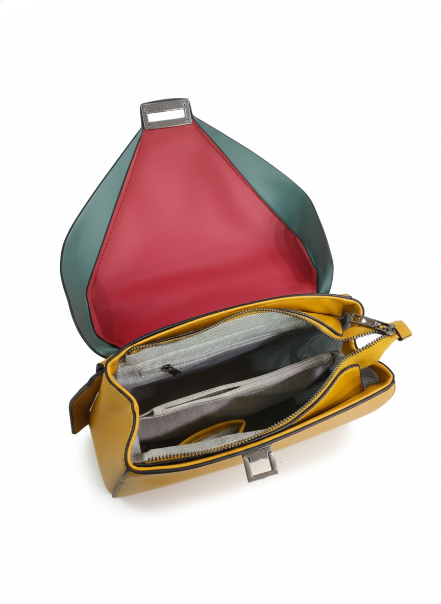 Nisa Geometric Color-Block Satchel Bag – Mustard & Teal