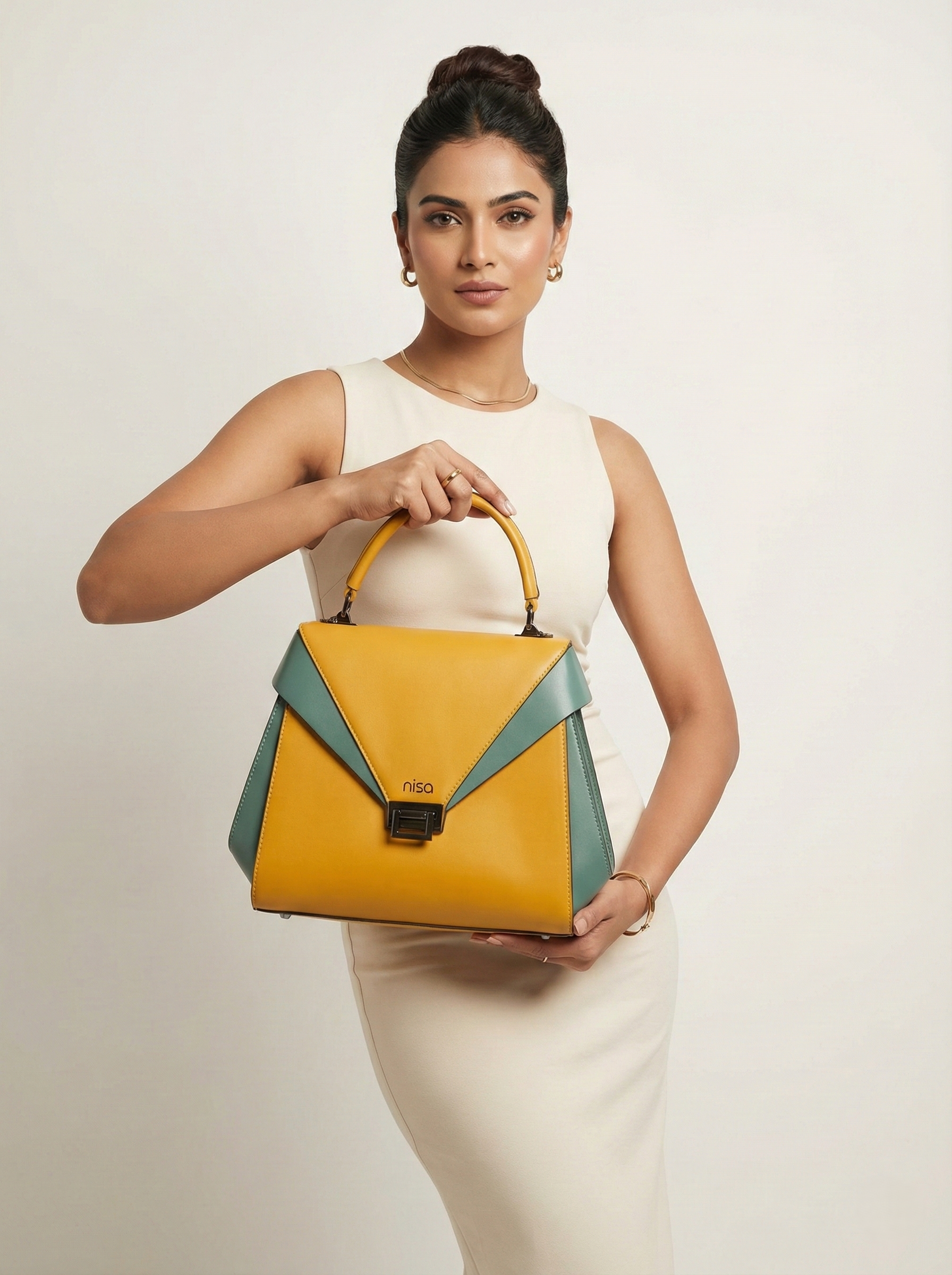 Nisa Geometric Color-Block Satchel Bag – Mustard & Teal