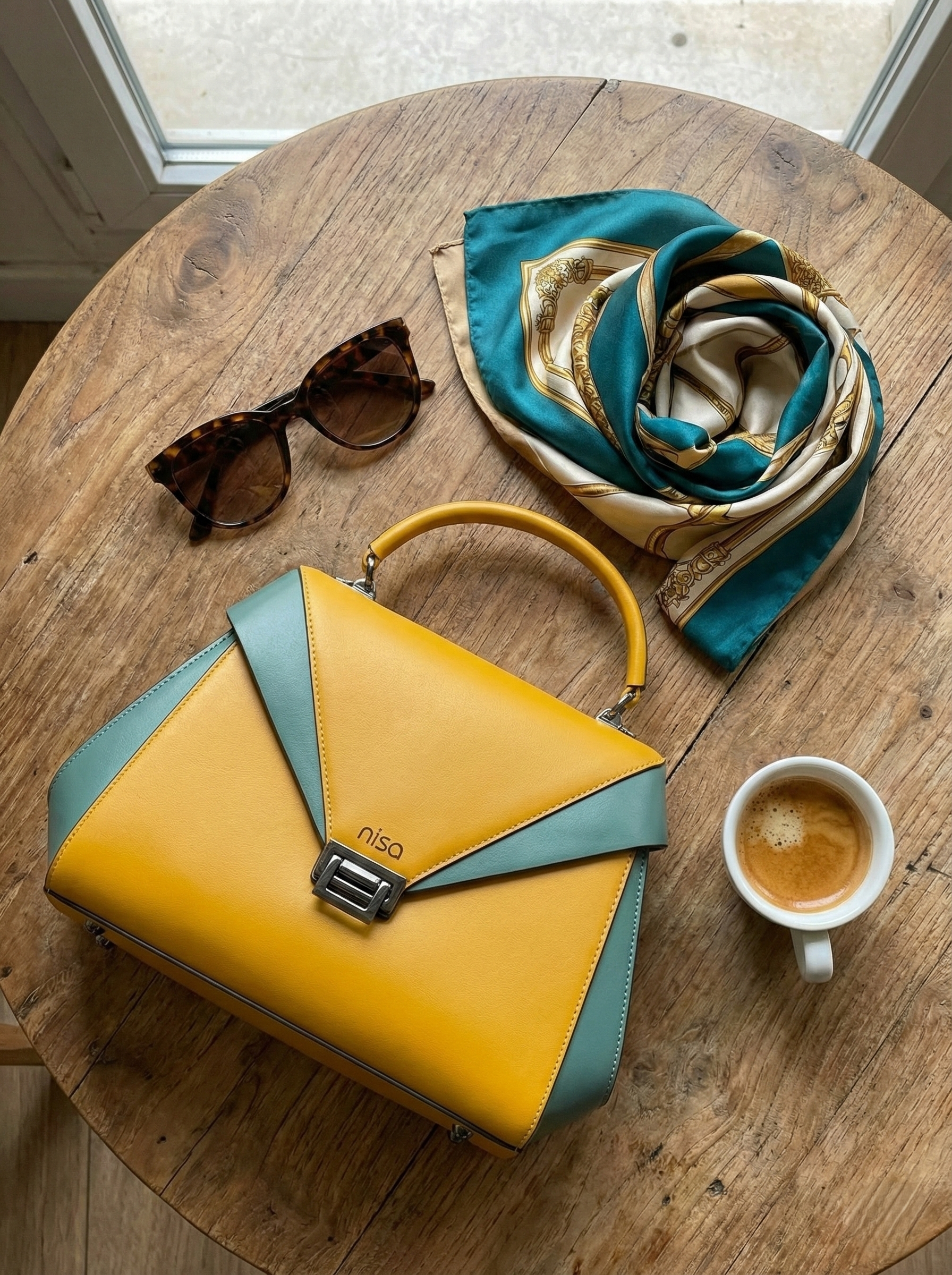 Nisa Geometric Color-Block Satchel Bag – Mustard & Teal