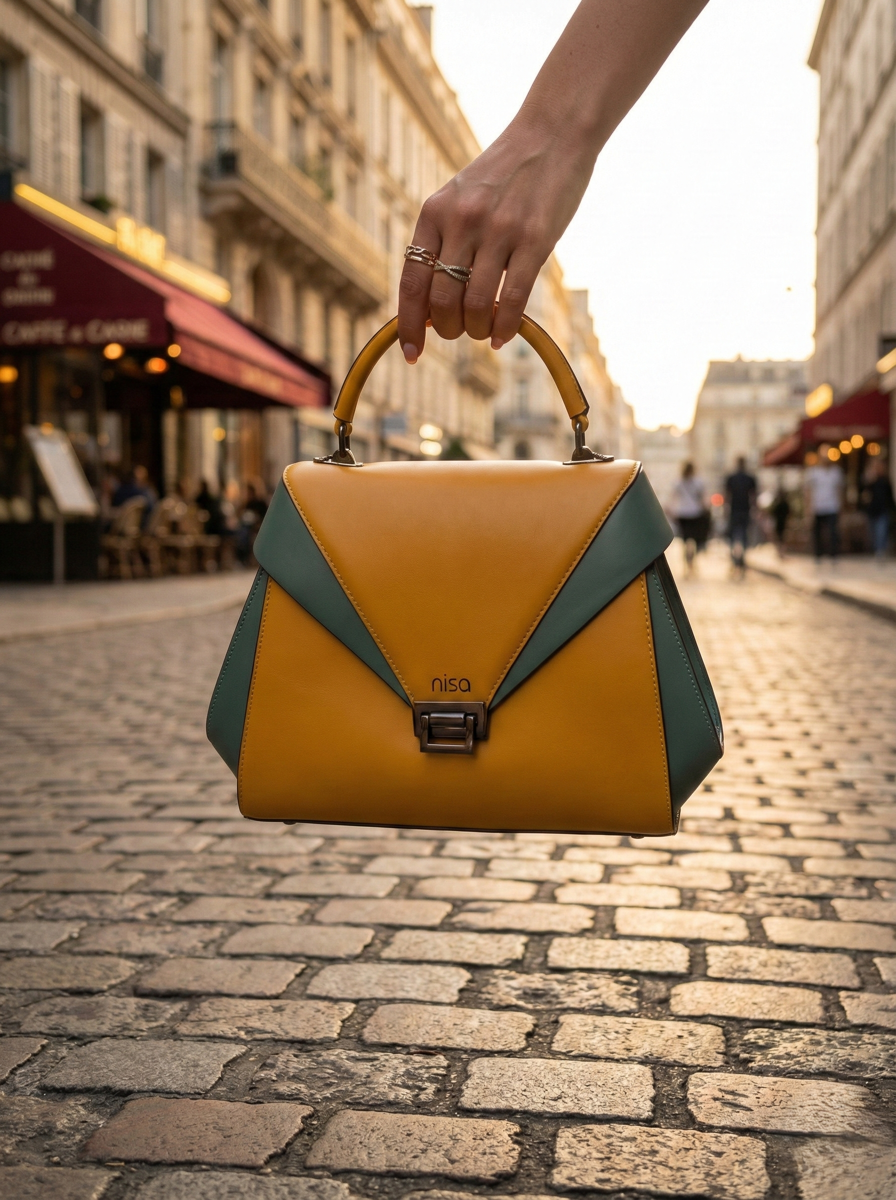 Nisa Geometric Color-Block Satchel Bag – Mustard & Teal