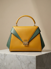 Nisa Geometric Color-Block Satchel Bag – Mustard & Teal