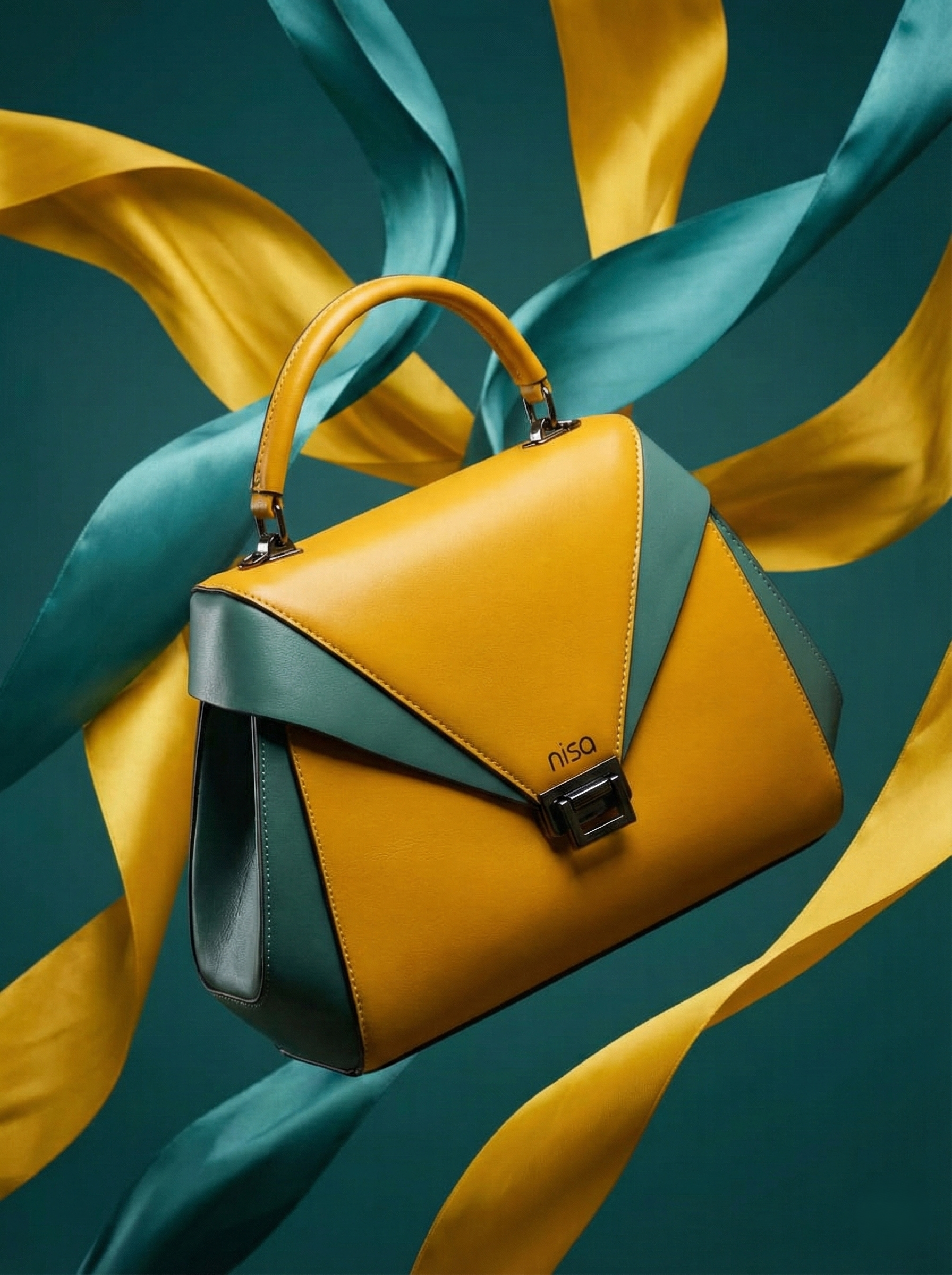 Nisa Geometric Color-Block Satchel Bag – Mustard & Teal