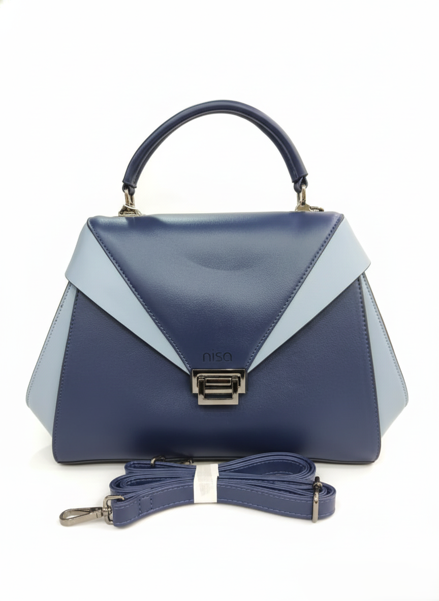 Nisa Dual-Tone Geometric Satchel Bag – Navy & Sky