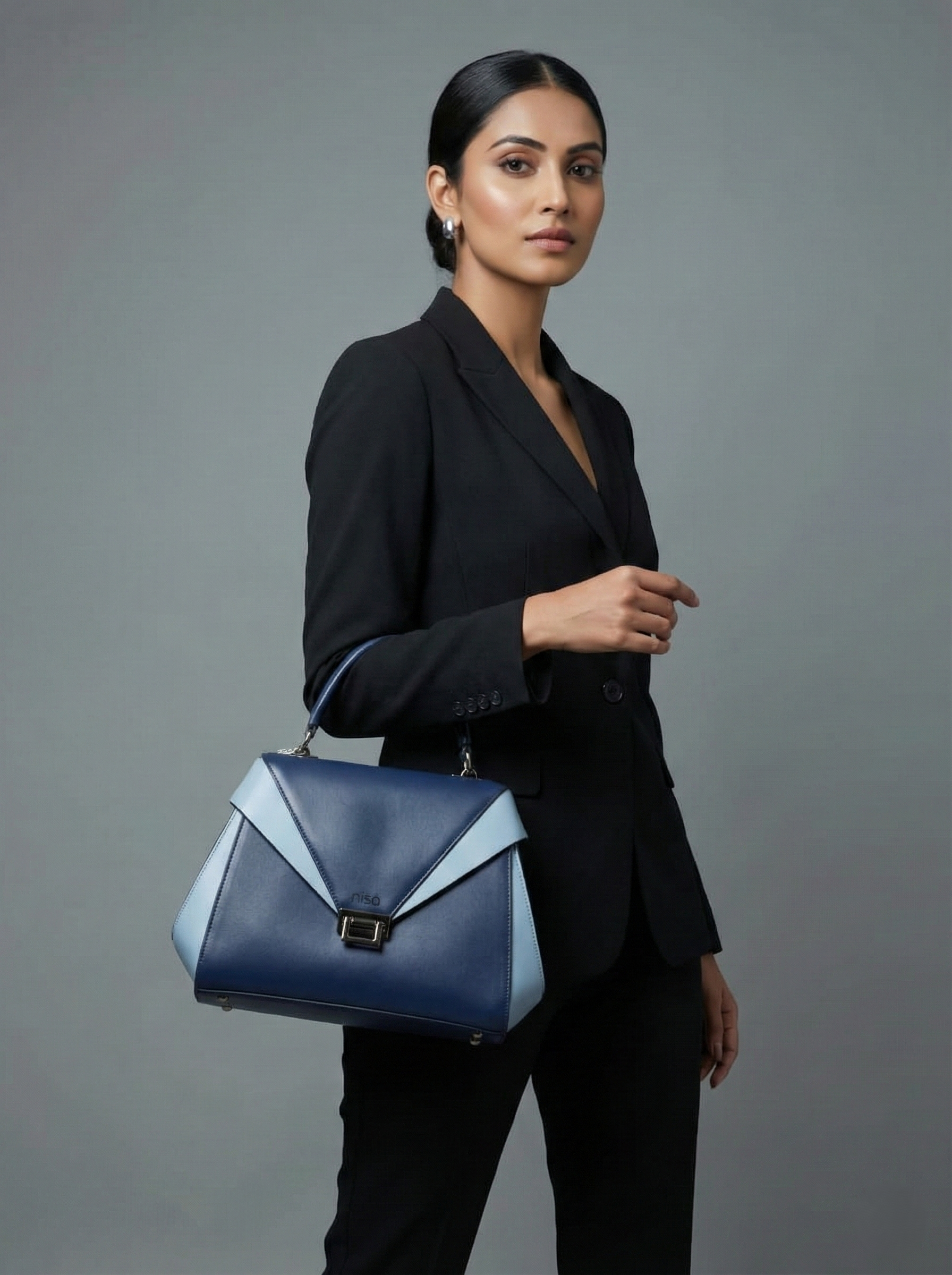 Nisa Dual-Tone Geometric Satchel Bag – Navy & Sky