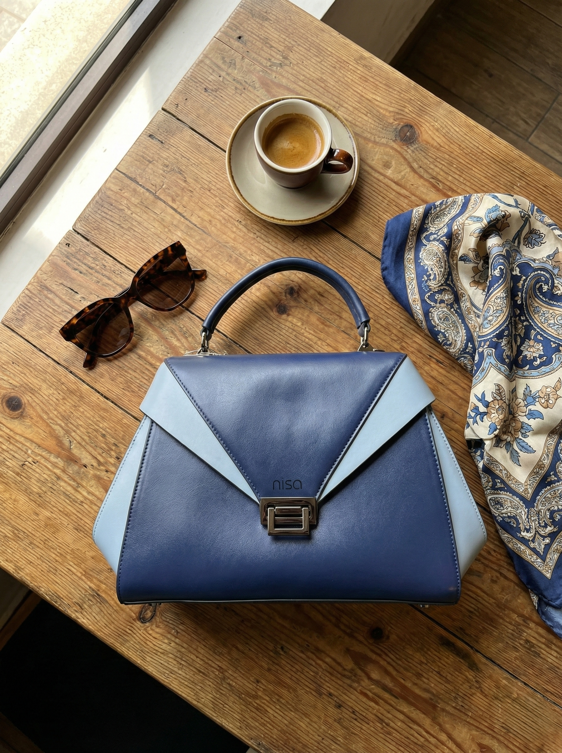 Nisa Dual-Tone Geometric Satchel Bag – Navy & Sky