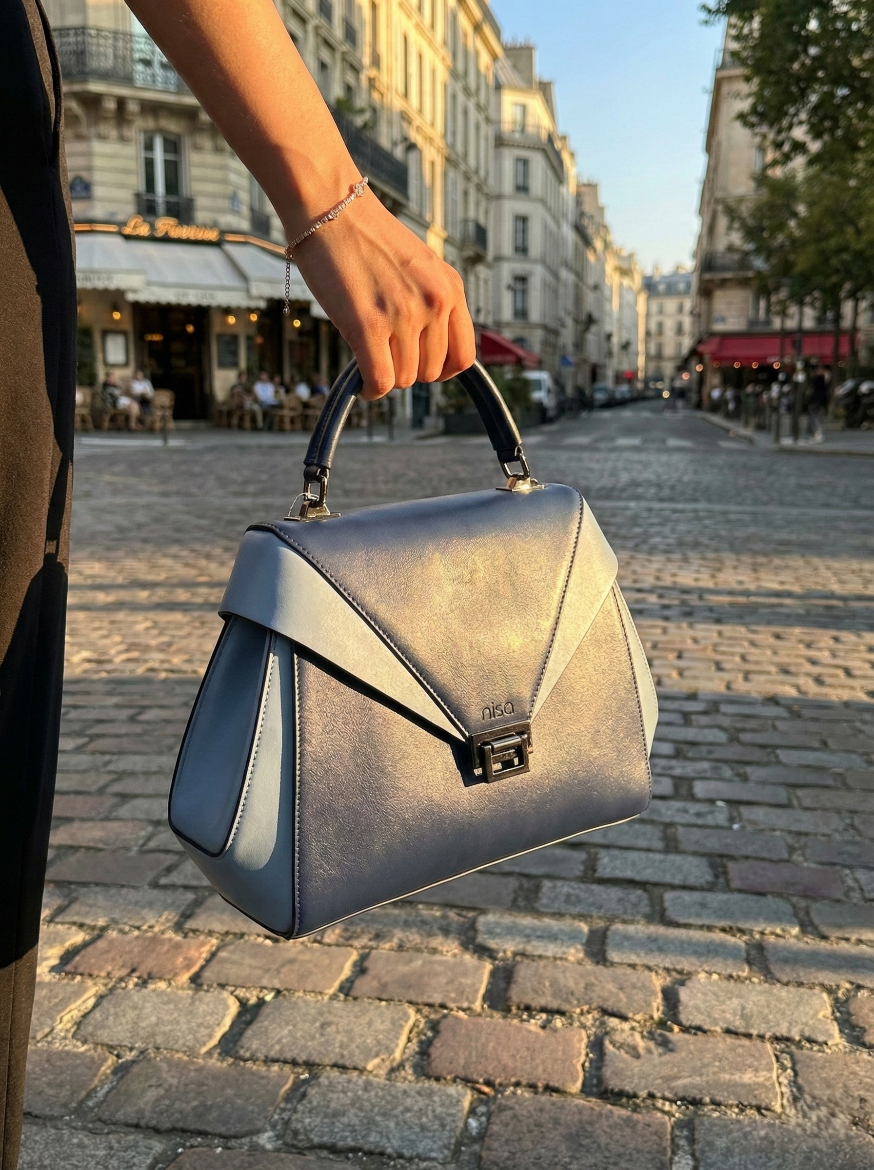 Nisa Dual-Tone Geometric Satchel Bag – Navy & Sky