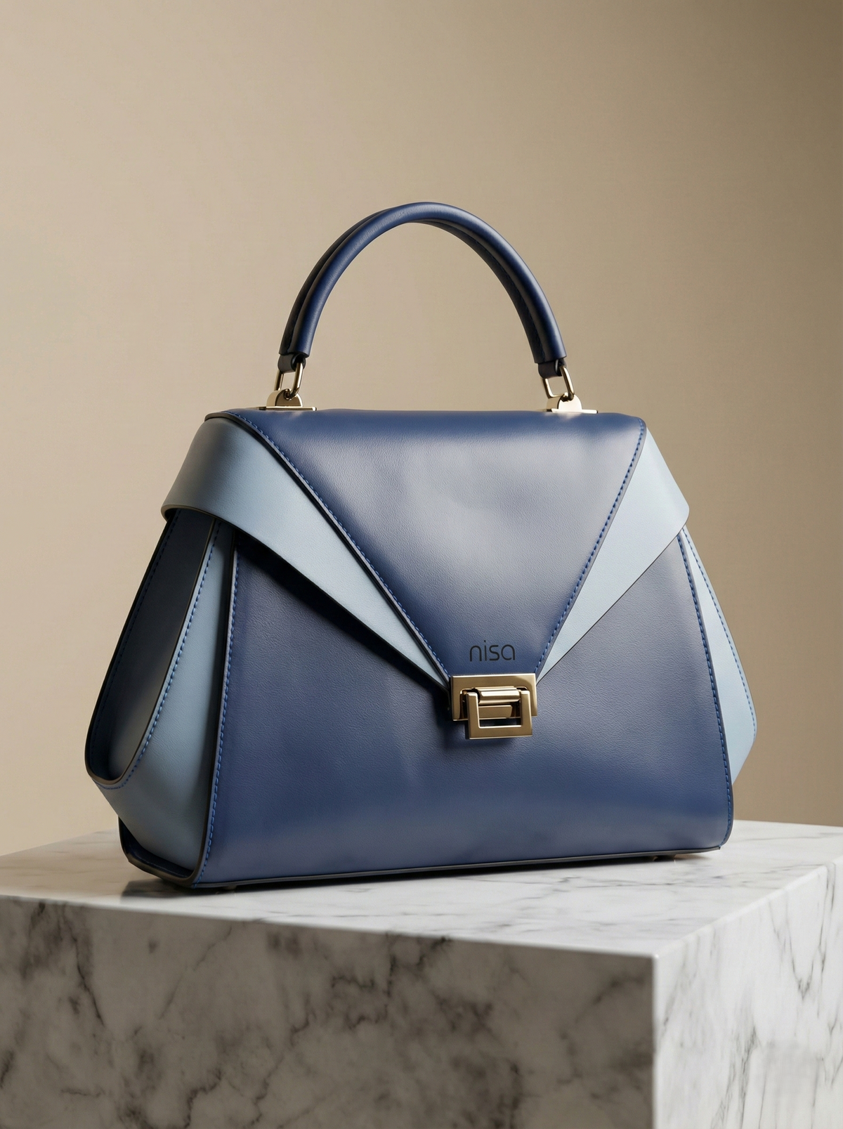 Nisa Dual-Tone Geometric Satchel Bag – Navy & Sky