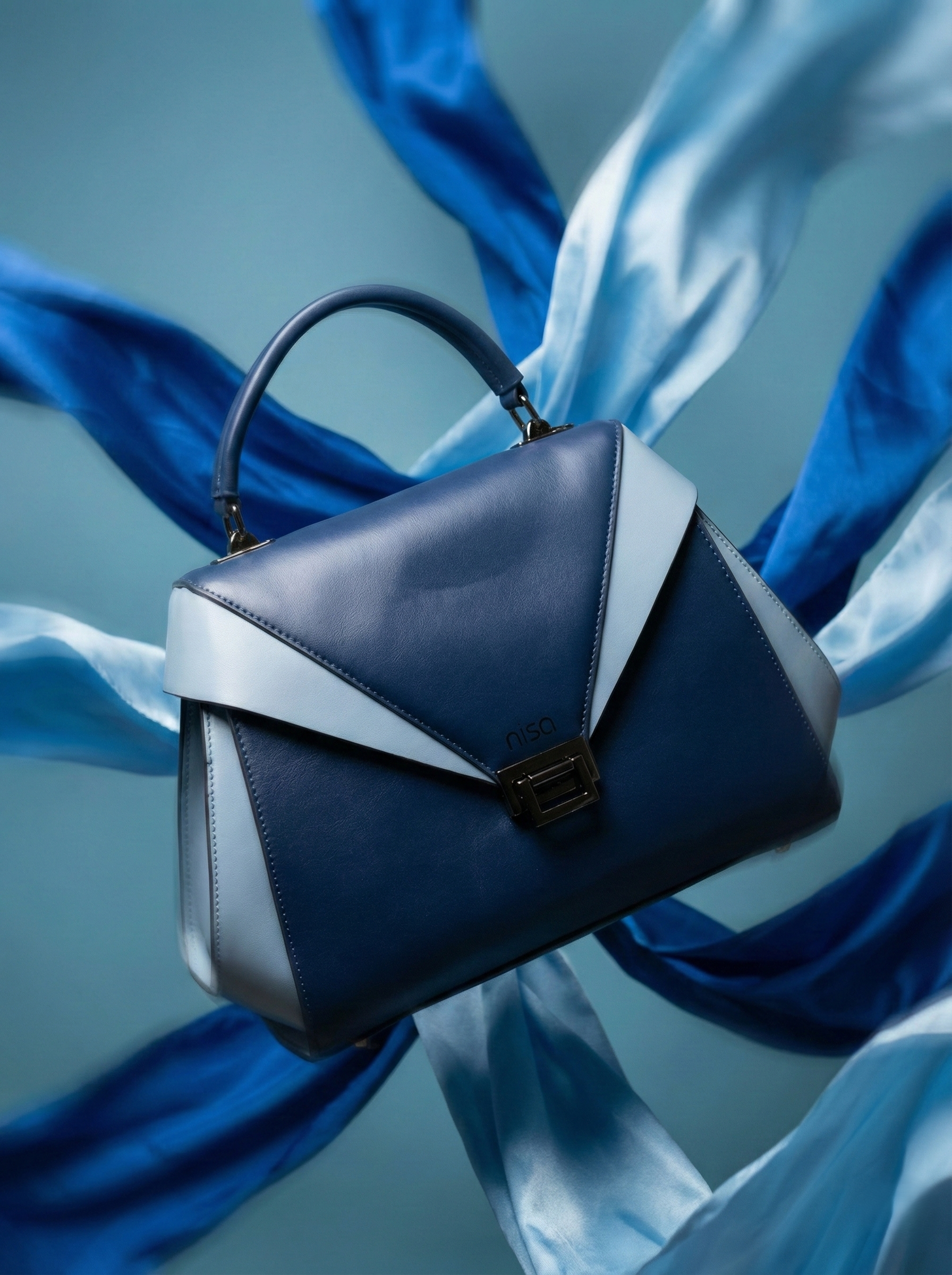 Nisa Dual-Tone Geometric Satchel Bag – Navy & Sky