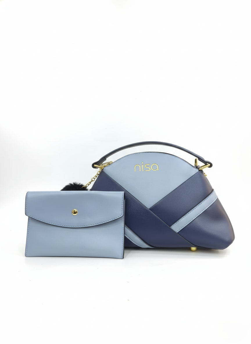 Nisa Blue Tri-Tone Azure Satchel Bag & Wallet Set
