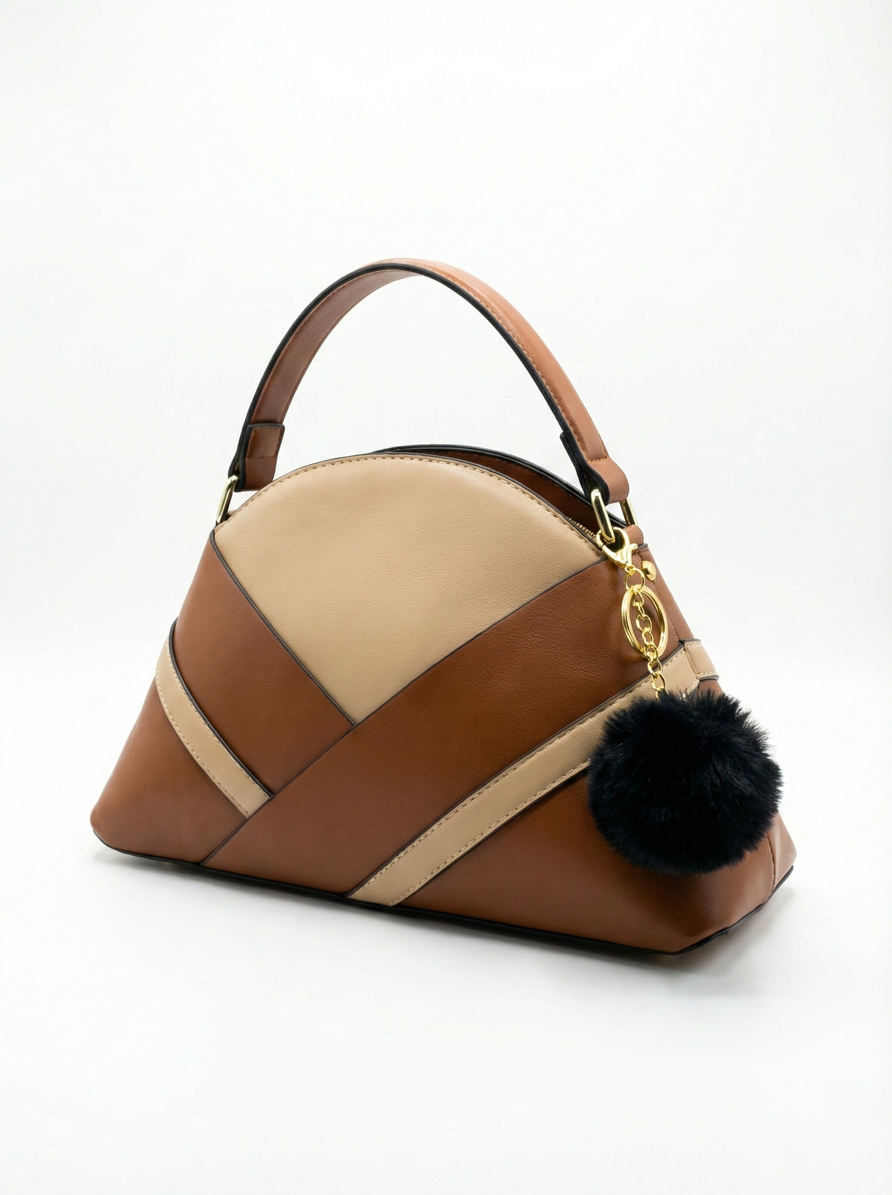 Nisa Dual-Tone Geometric Hand bag Set – Tan & Beige