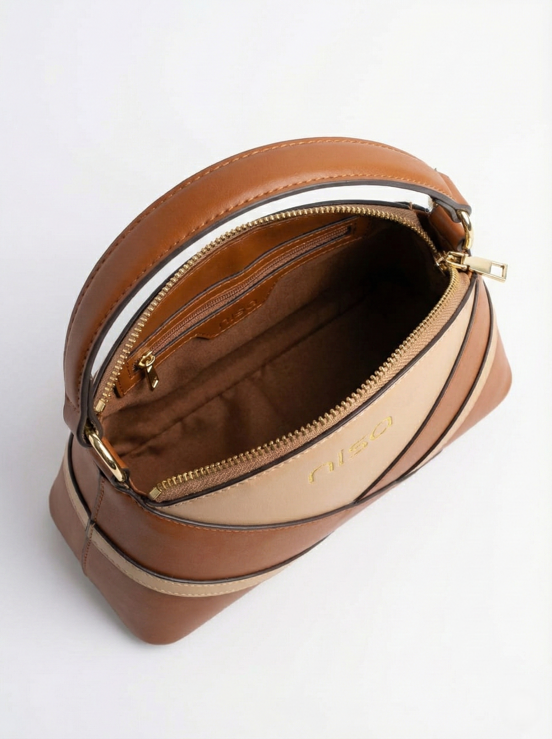 Nisa Dual-Tone Geometric Hand bag Set – Tan & Beige