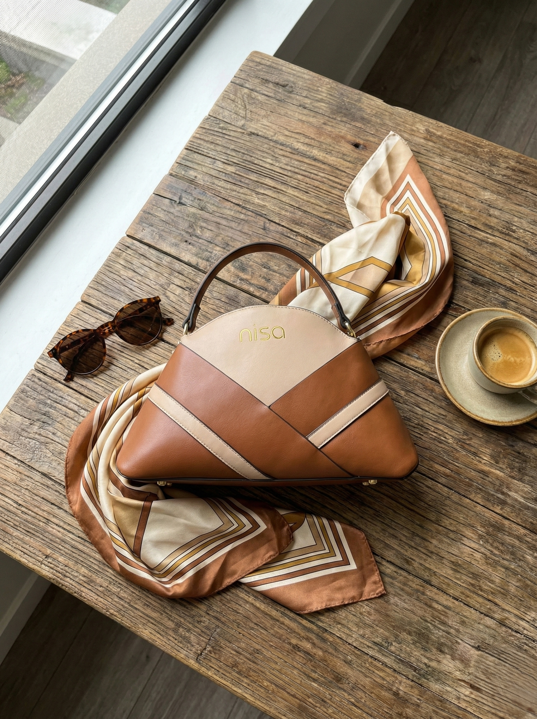 Nisa Dual-Tone Geometric Hand bag Set – Tan & Beige