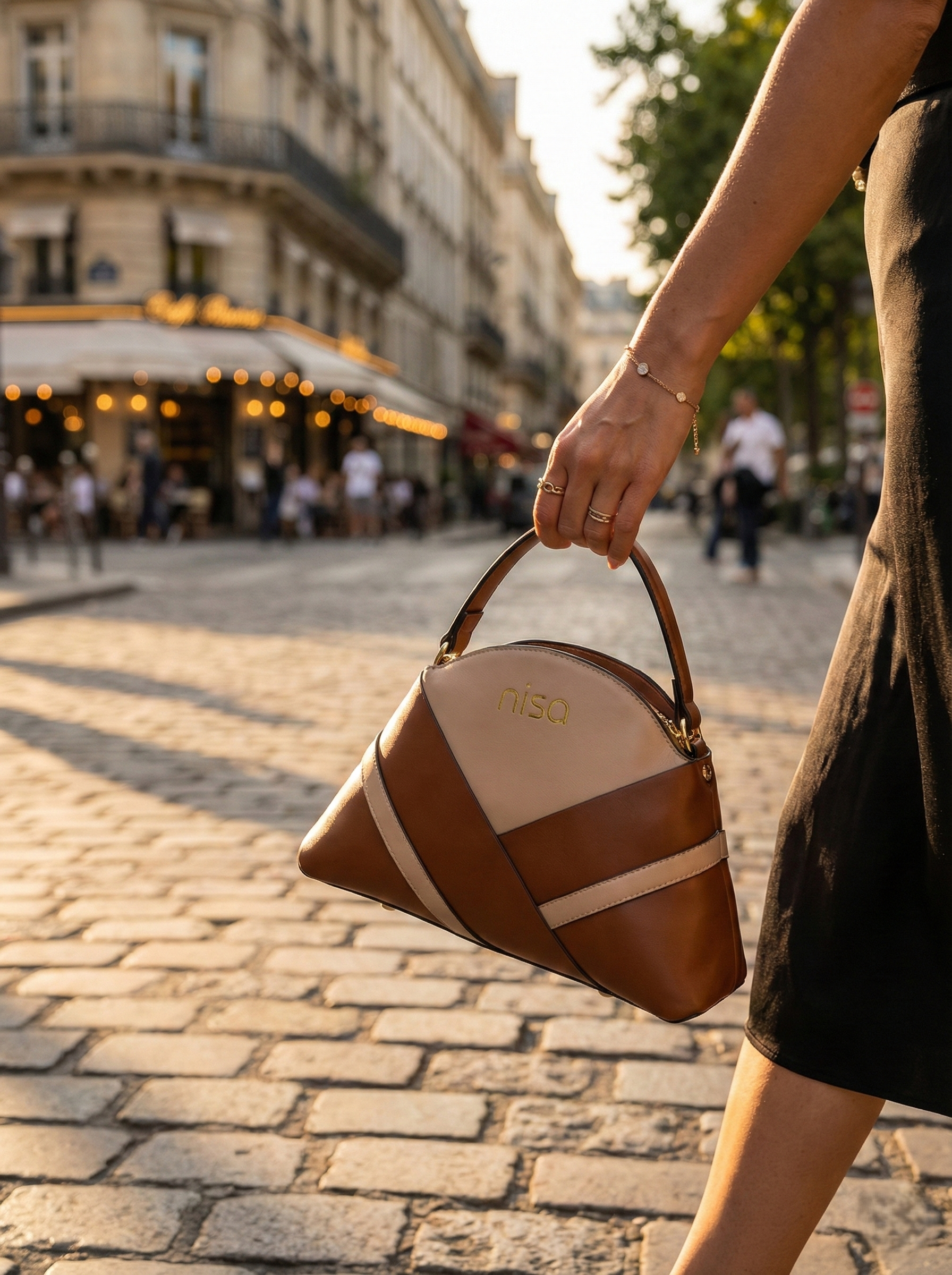 Nisa Dual-Tone Geometric Hand bag Set – Tan & Beige