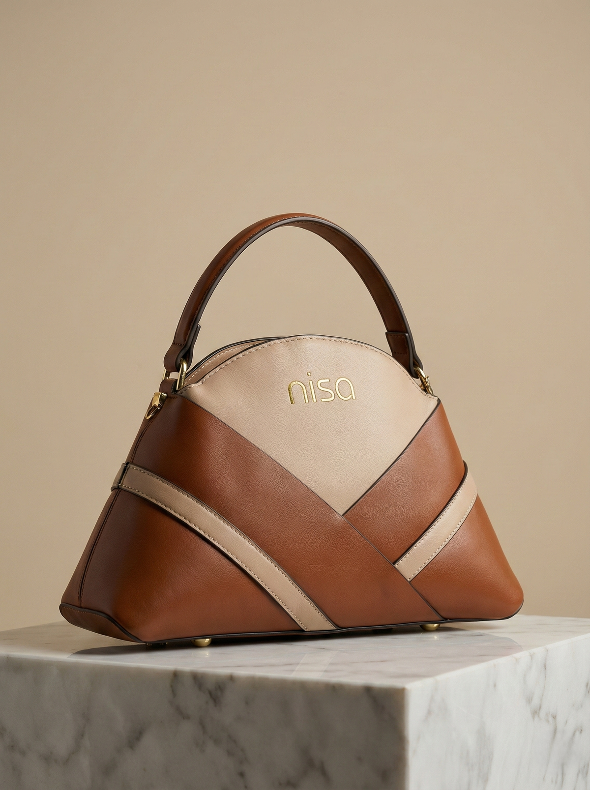 Nisa Dual-Tone Geometric Hand bag Set – Tan & Beige