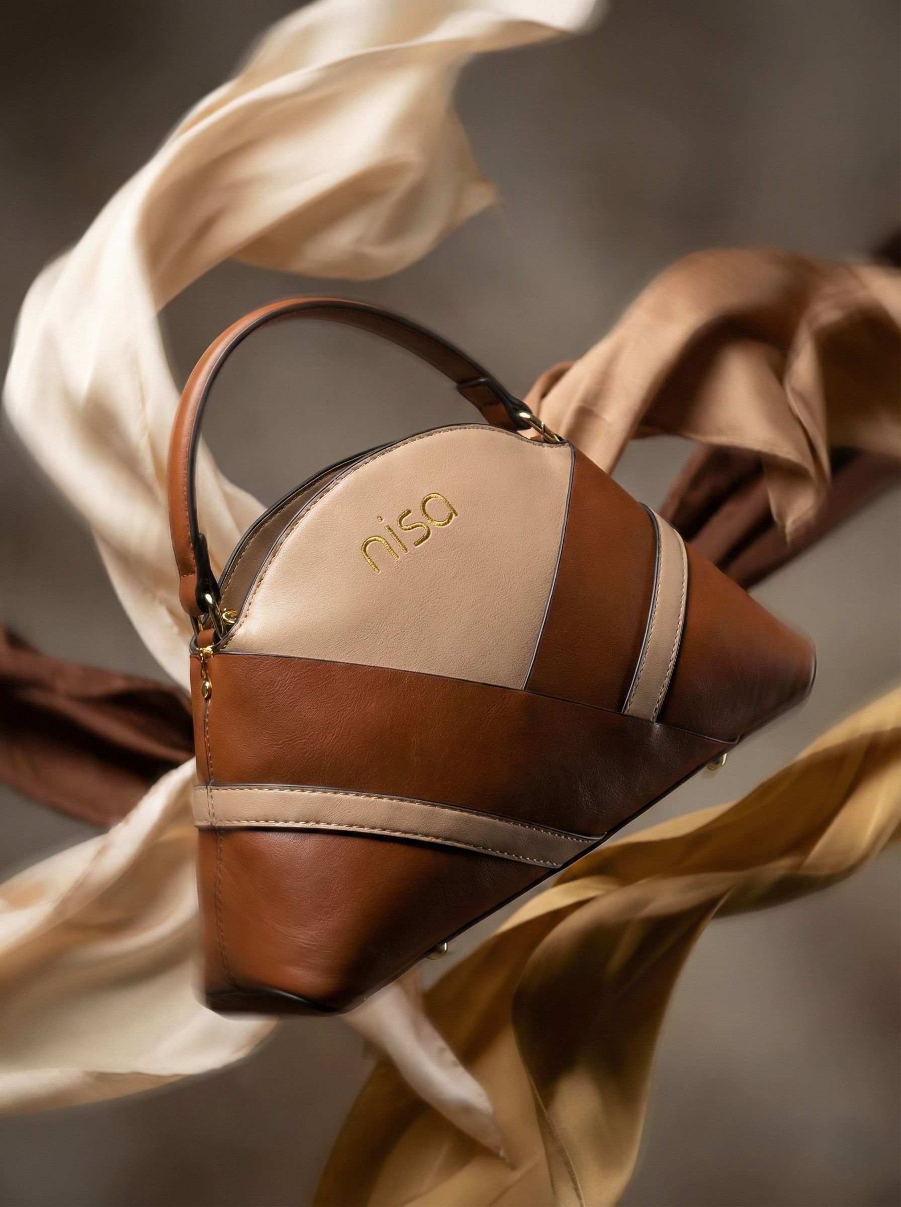 Nisa Dual-Tone Geometric Hand bag Set – Tan & Beige