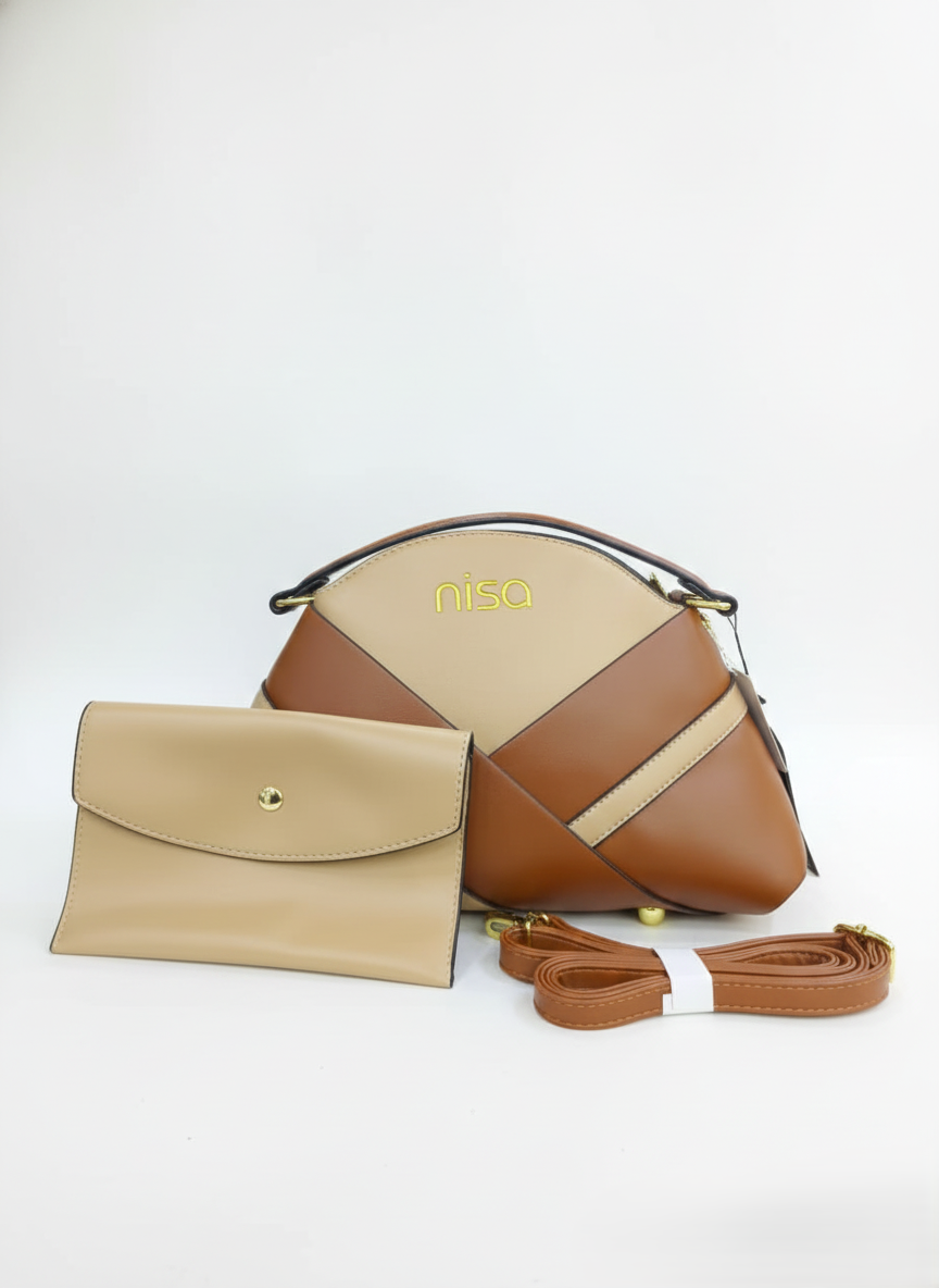 Nisa Dual-Tone Geometric Hand bag Set – Tan & Beige