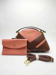 Nisa Geometric Color-Block Hand Bag Set – Coral & Mocha