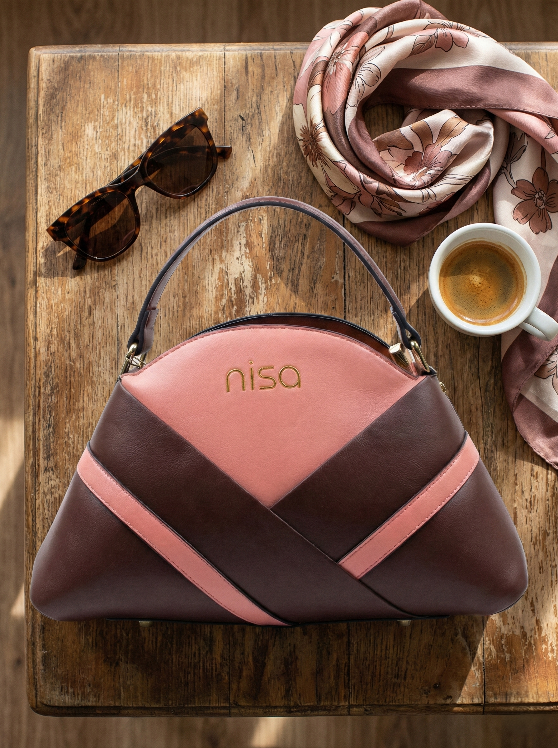 Nisa Geometric Color-Block Hand Bag Set – Coral & Mocha