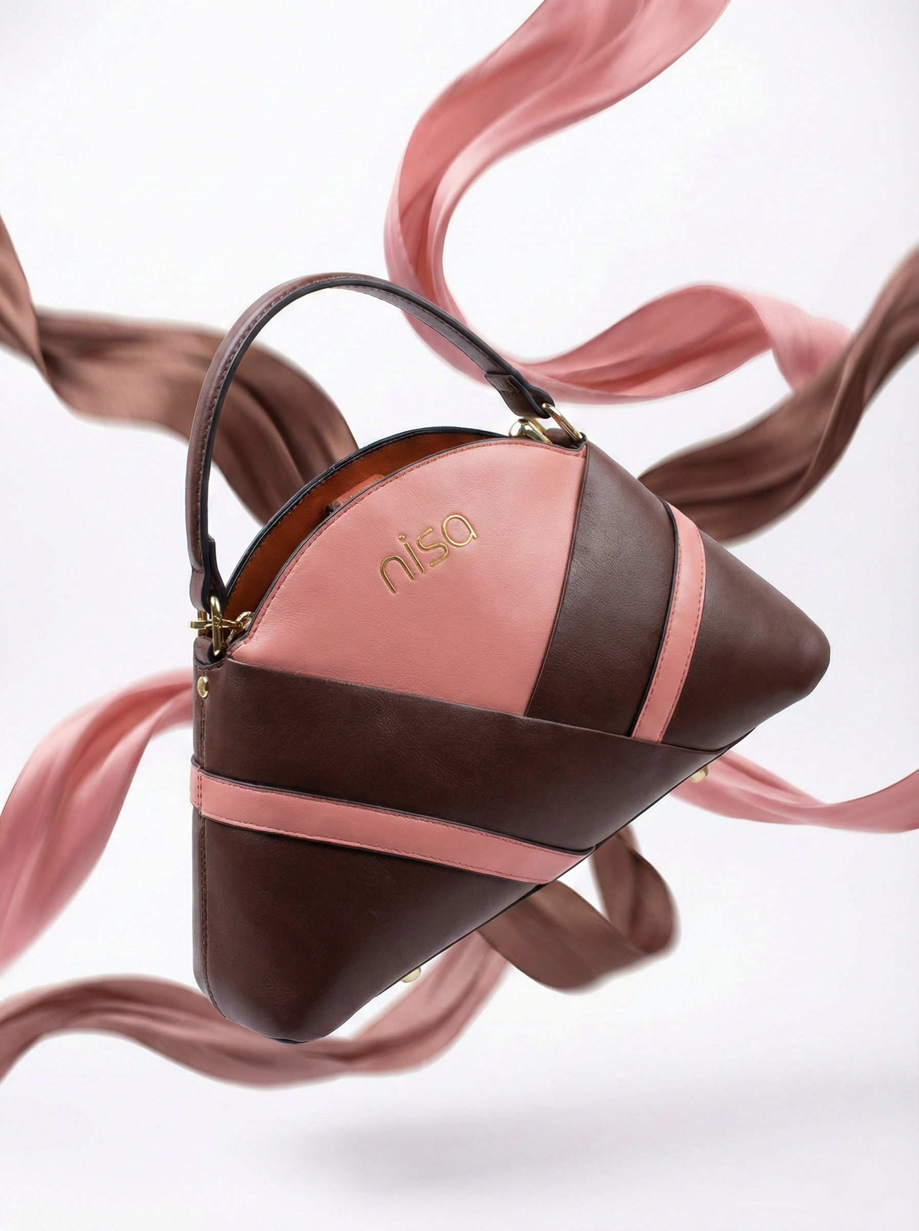 Nisa Geometric Color-Block Hand Bag Set – Coral & Mocha