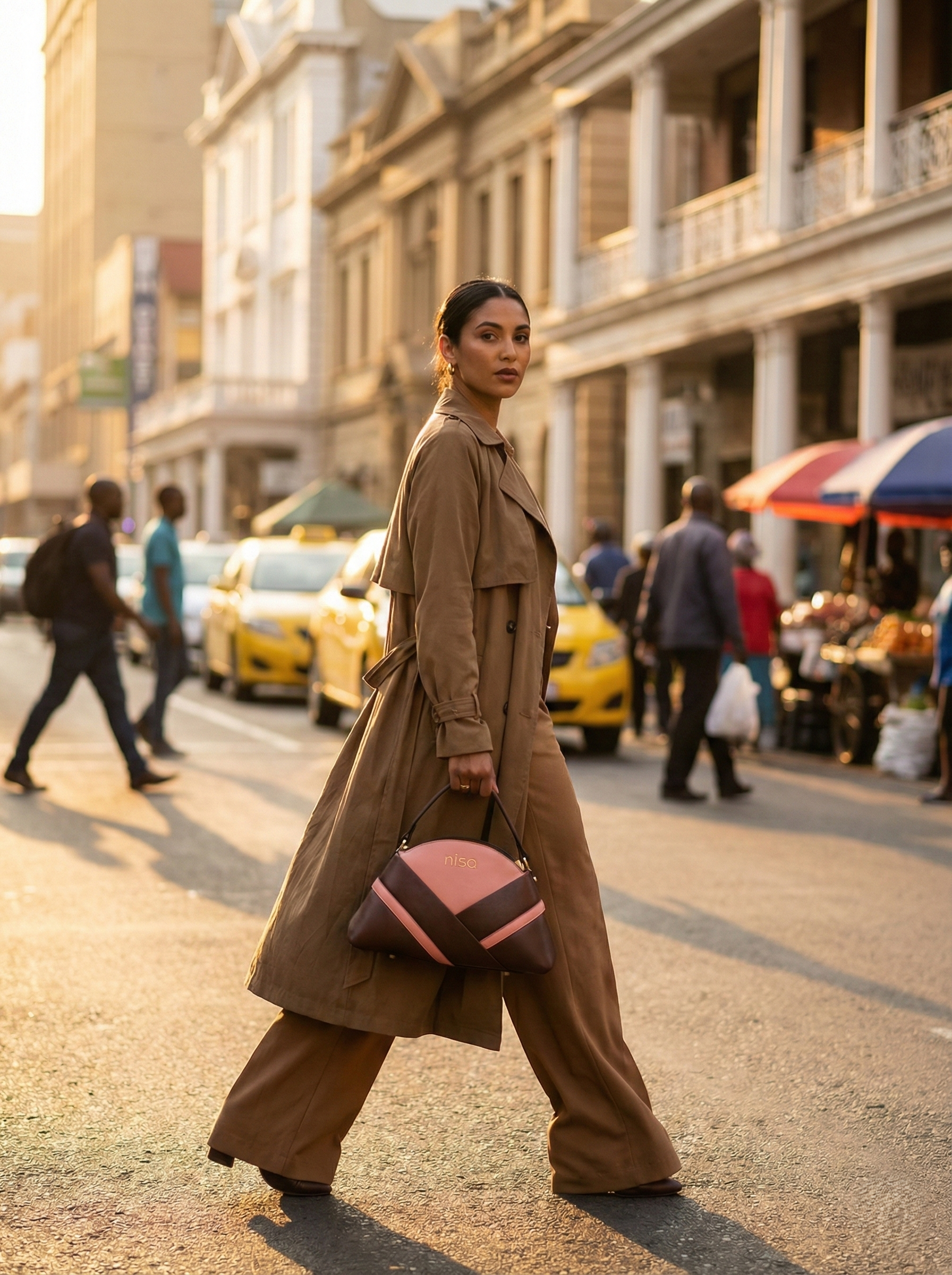 Nisa Geometric Color-Block Hand Bag Set – Coral & Mocha