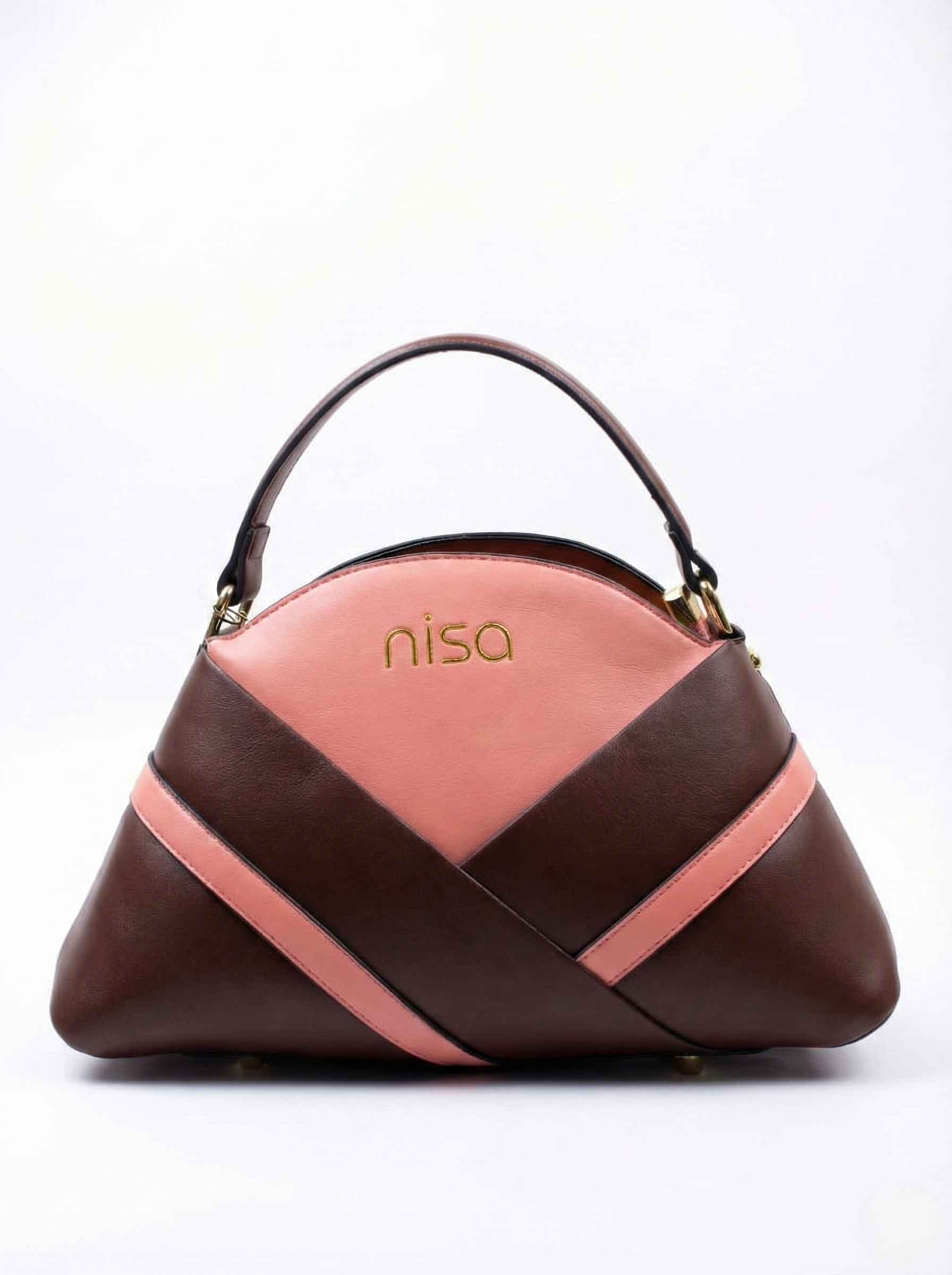 Nisa Geometric Color-Block Hand Bag Set – Coral & Mocha