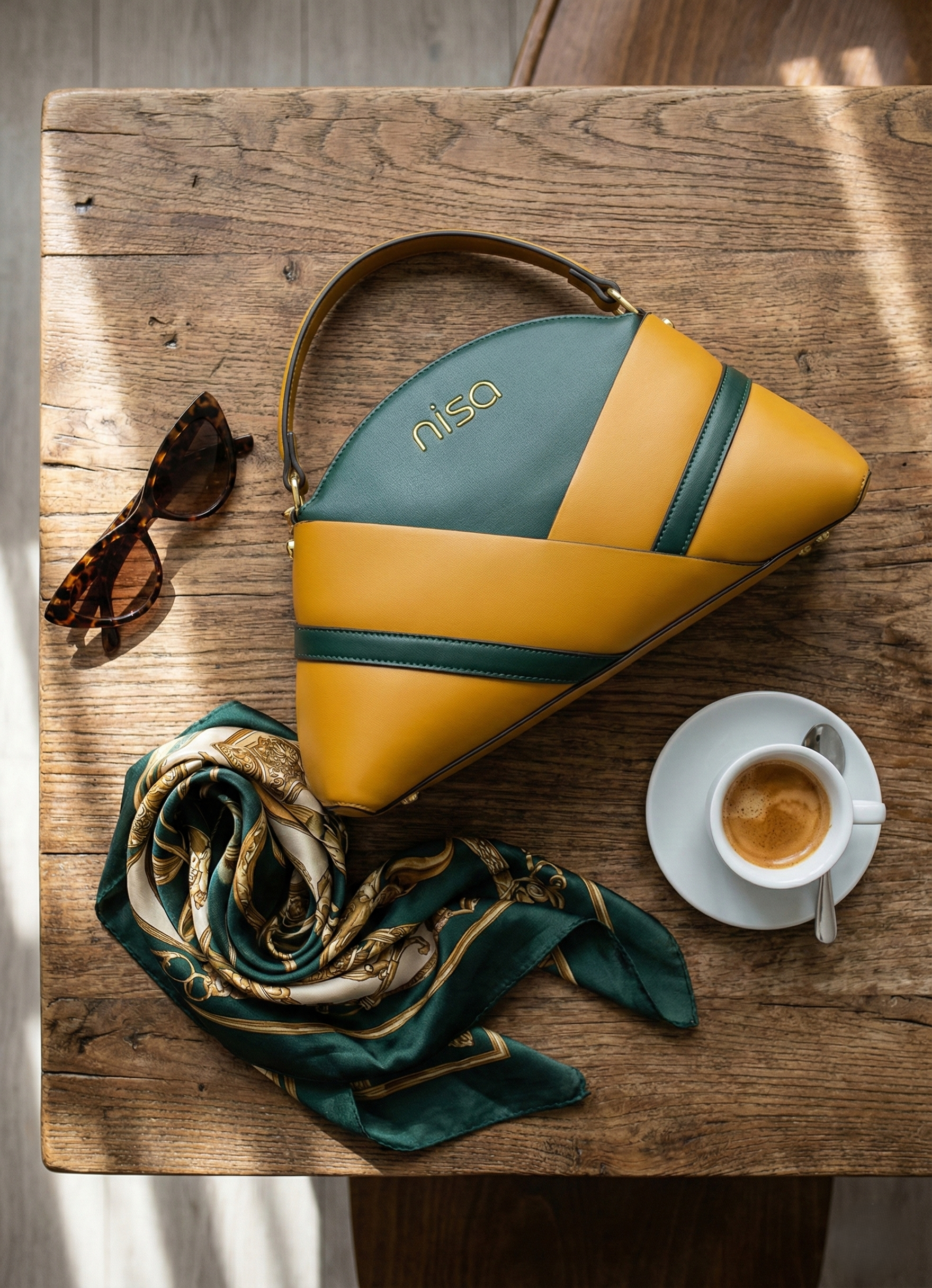 Nisa Geometric Duo - Emerald Green & Mustard Hand Bag Set