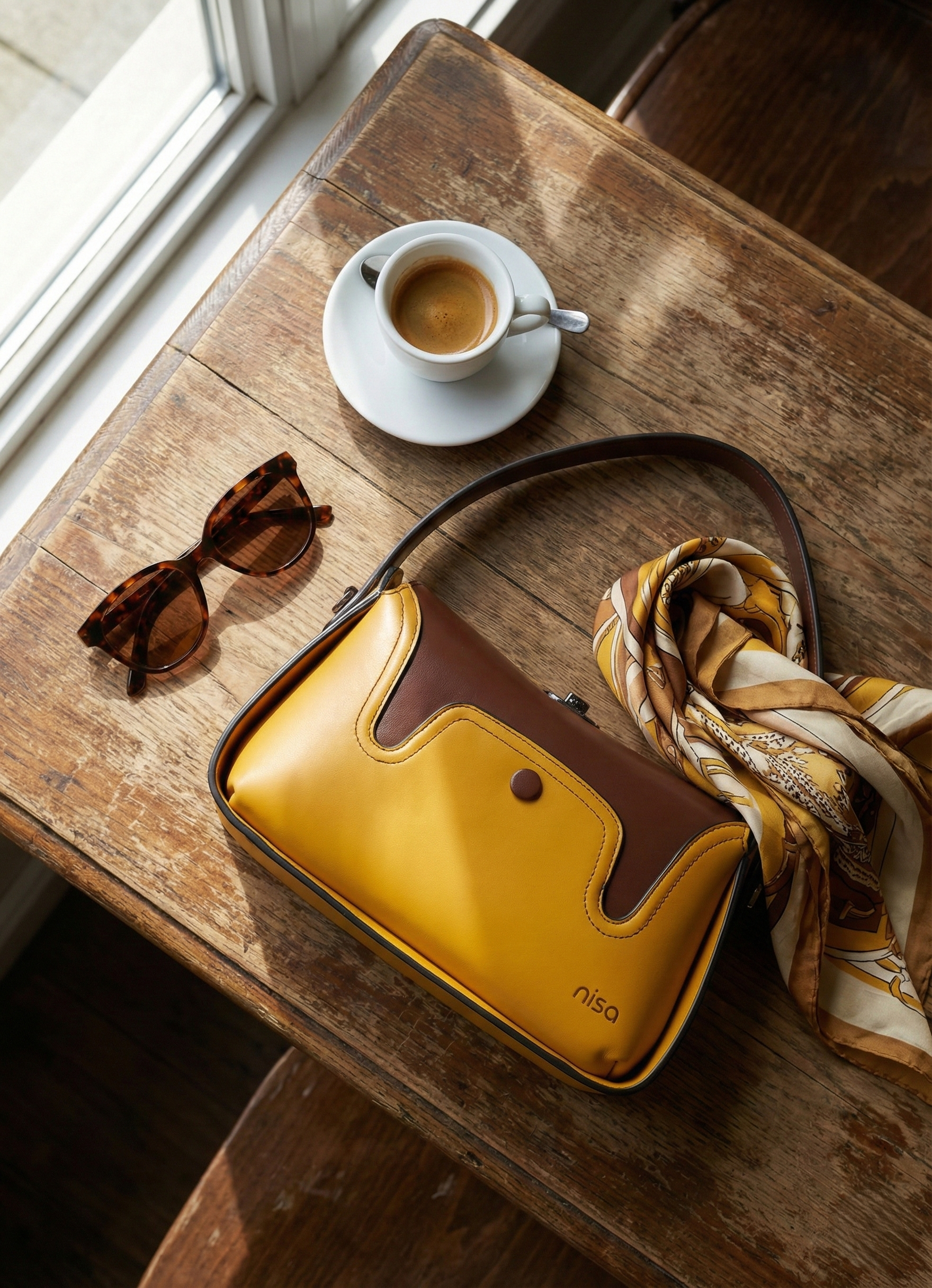 Nisa Duo: Mustard & Mocha Structured Hand Bag Set