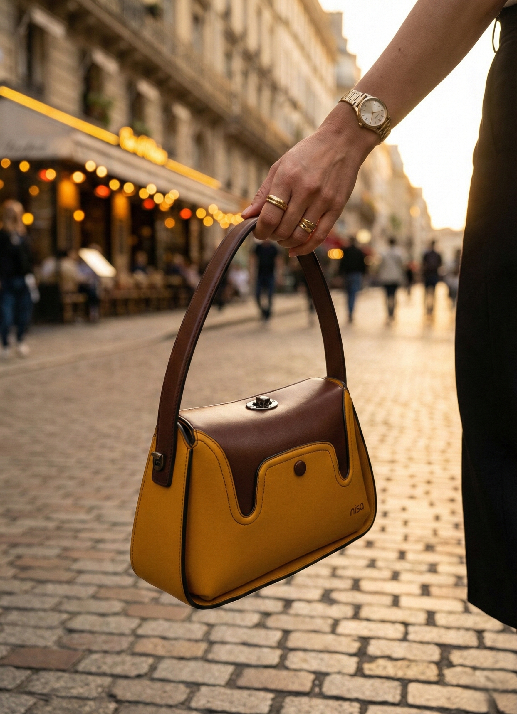 Nisa Duo: Mustard & Mocha Structured Hand Bag Set