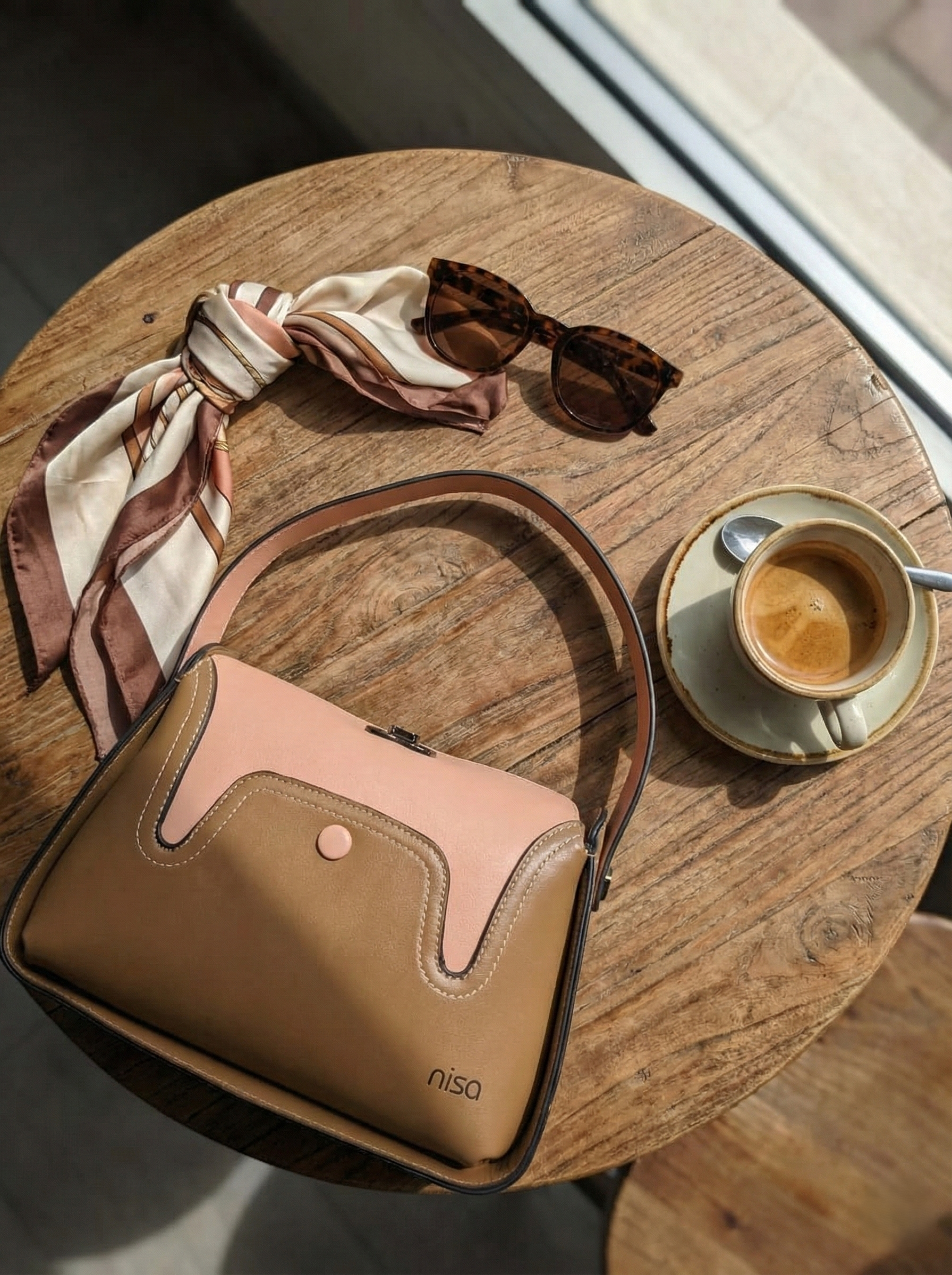 Nisa Dual-Tone Elegance Handbag Set – Camel & Blush