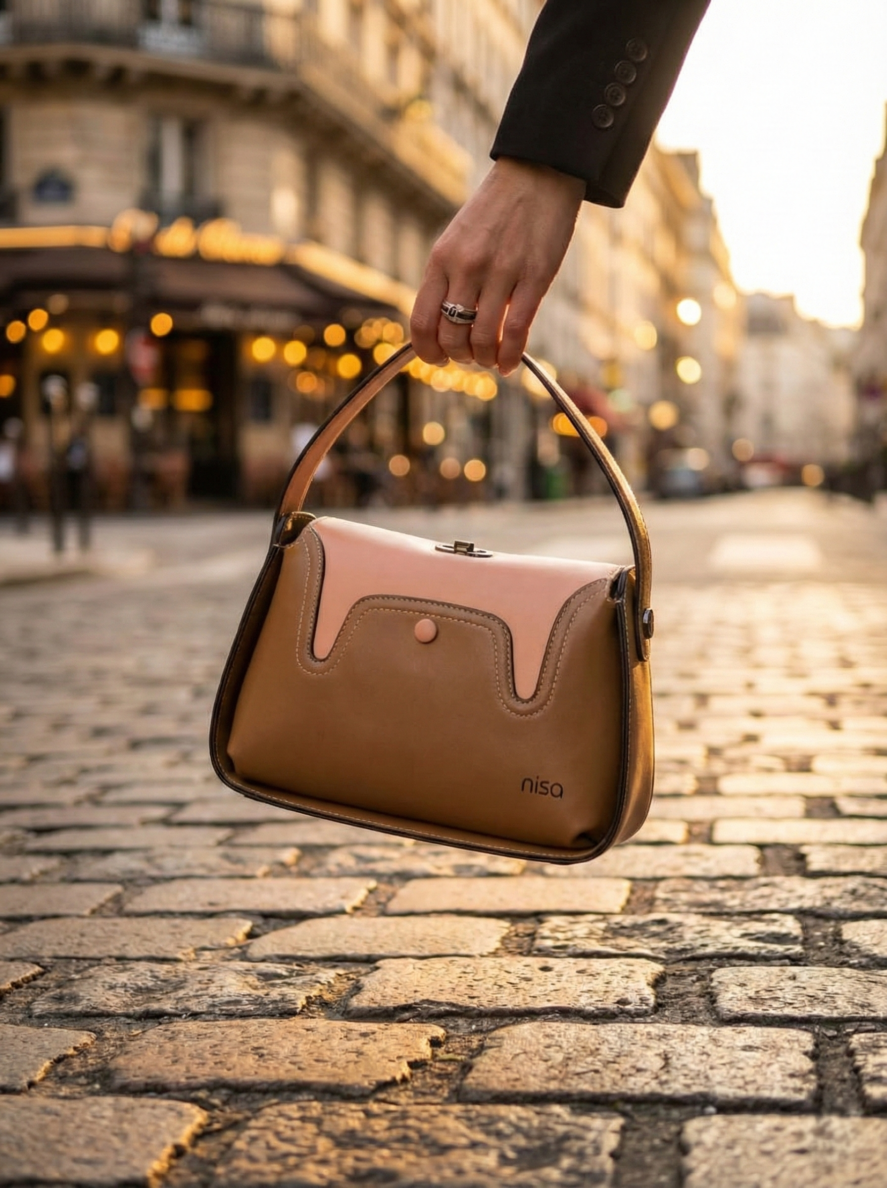 Nisa Dual-Tone Elegance Handbag Set – Camel & Blush