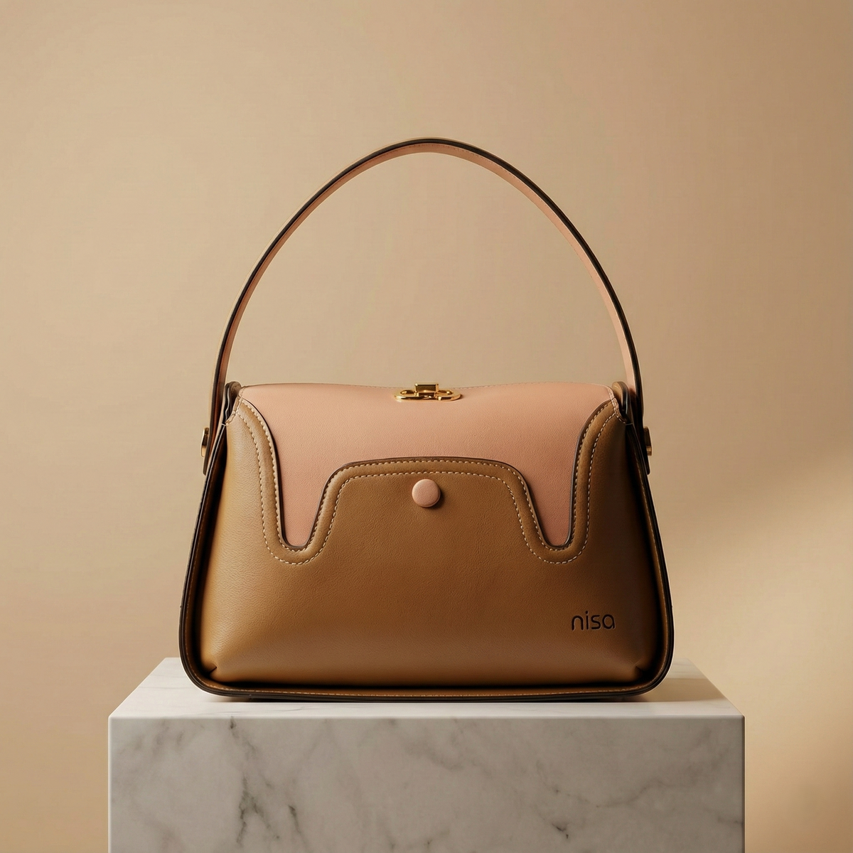 Nisa Dual-Tone Elegance Handbag Set – Camel & Blush