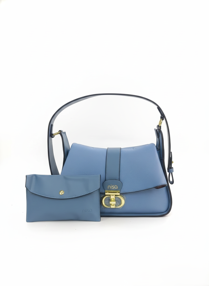 Nisa Signature Sky Blue  Shoulder Bag with Gold Accents