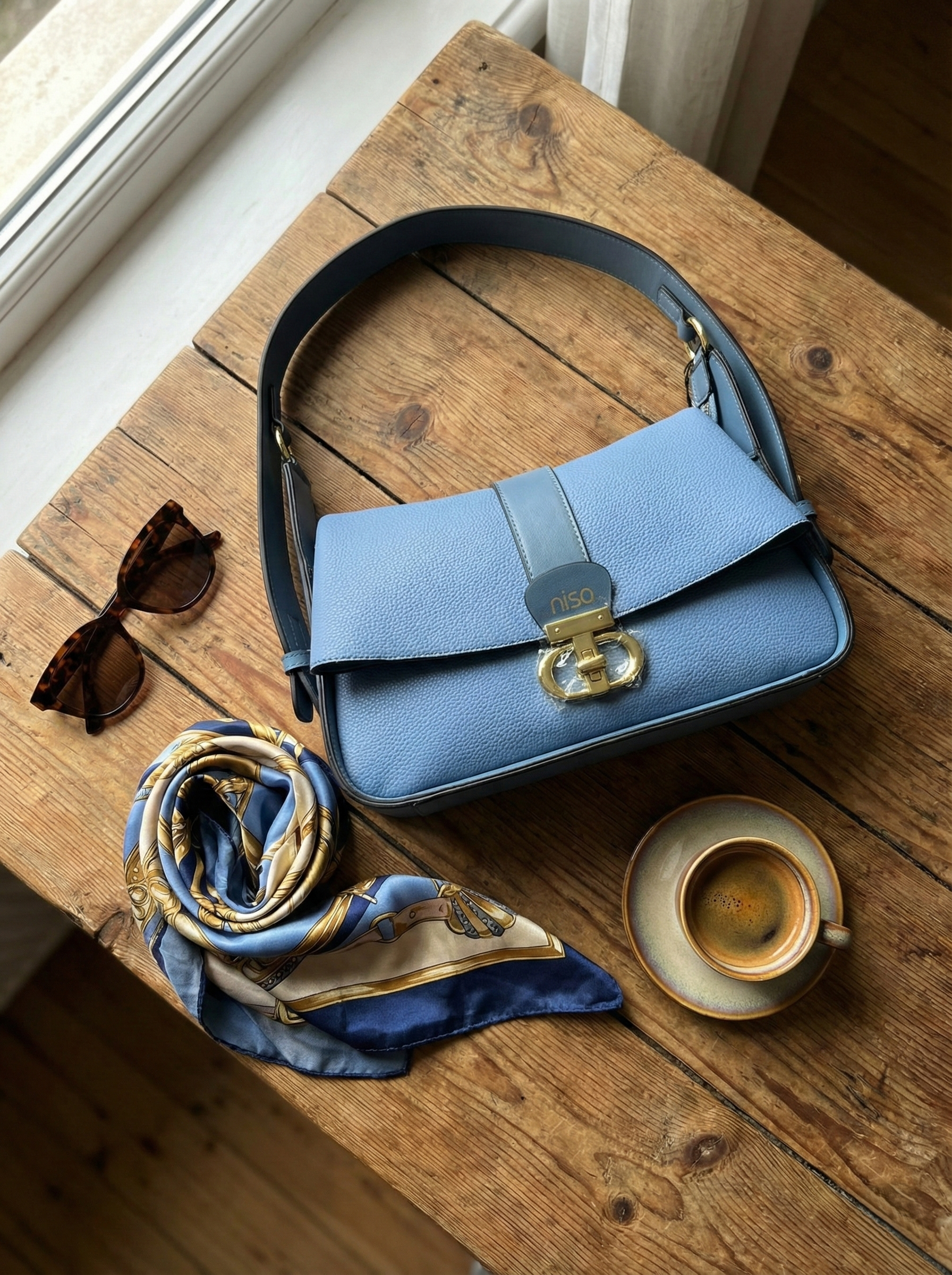 Nisa Signature Sky Blue  Shoulder Bag with Gold Accents