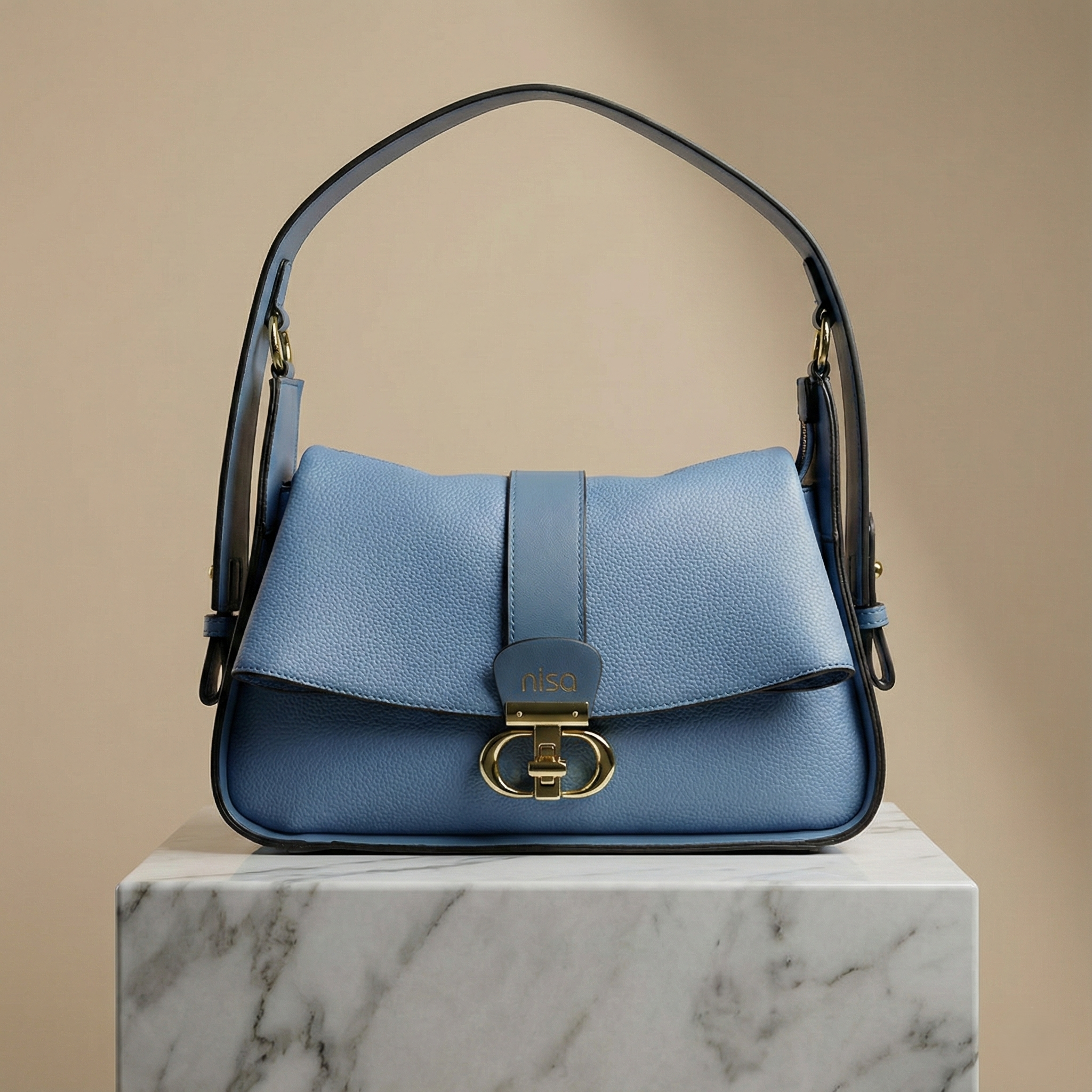 Nisa Signature Sky Blue  Shoulder Bag with Gold Accents
