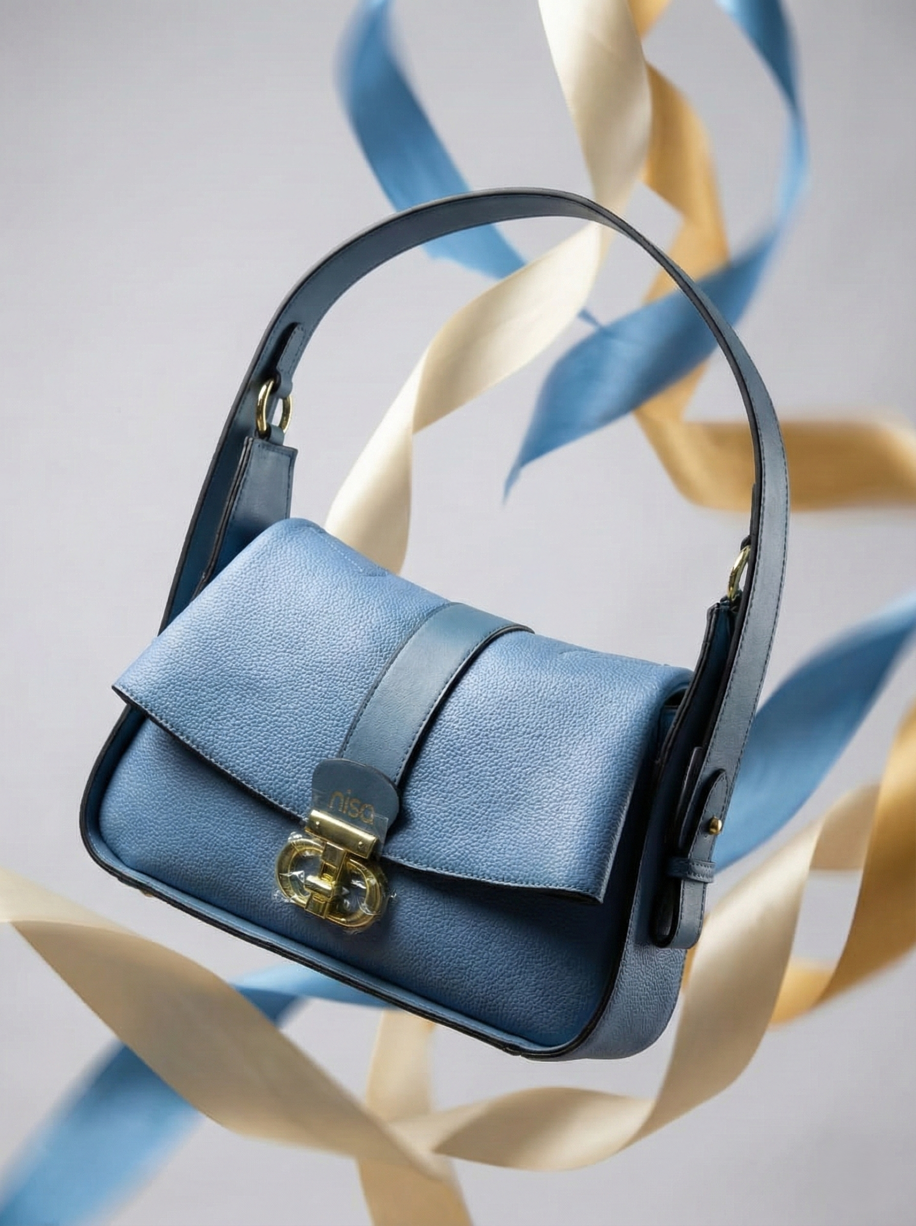 Nisa Signature Sky Blue  Shoulder Bag with Gold Accents
