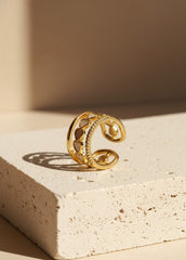 Nisa Premium Golden-Polish Joint Heart Shape Design With Diamonds And Heart Shape Pearl Studded Fingering For Women and Girls